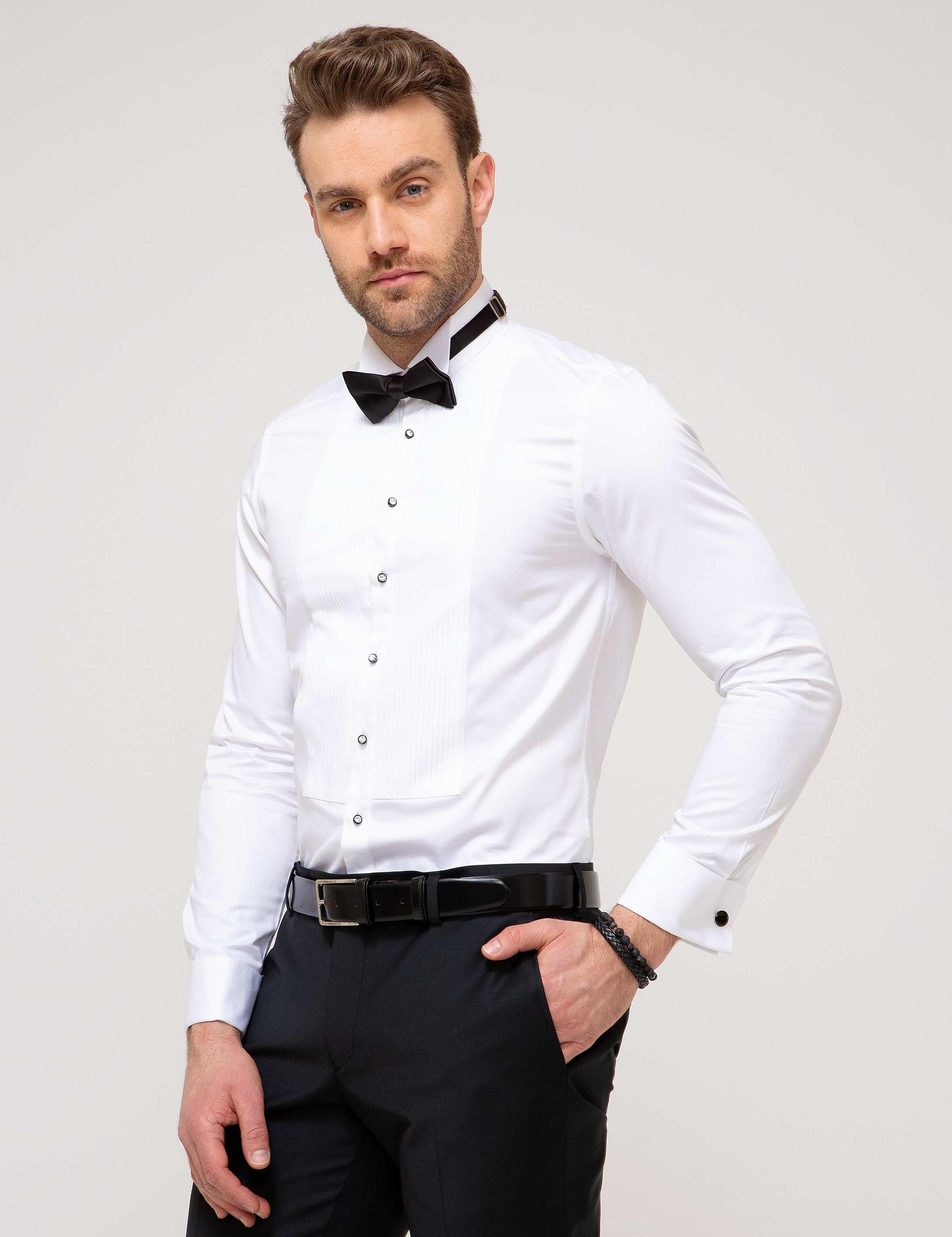 Beyaz Slim Fit Smokin Gömlek