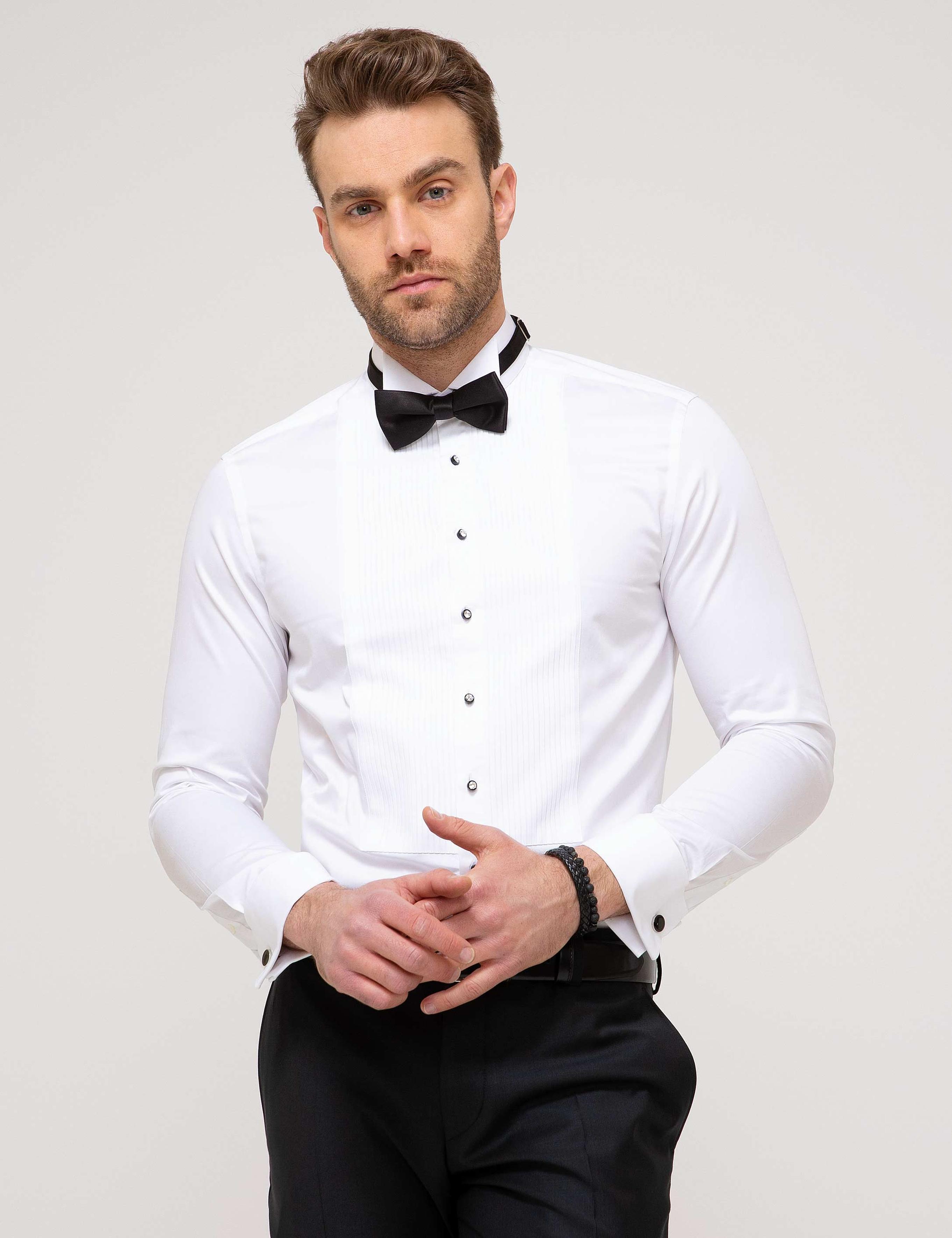 Beyaz Slim Fit Smokin Gömlek