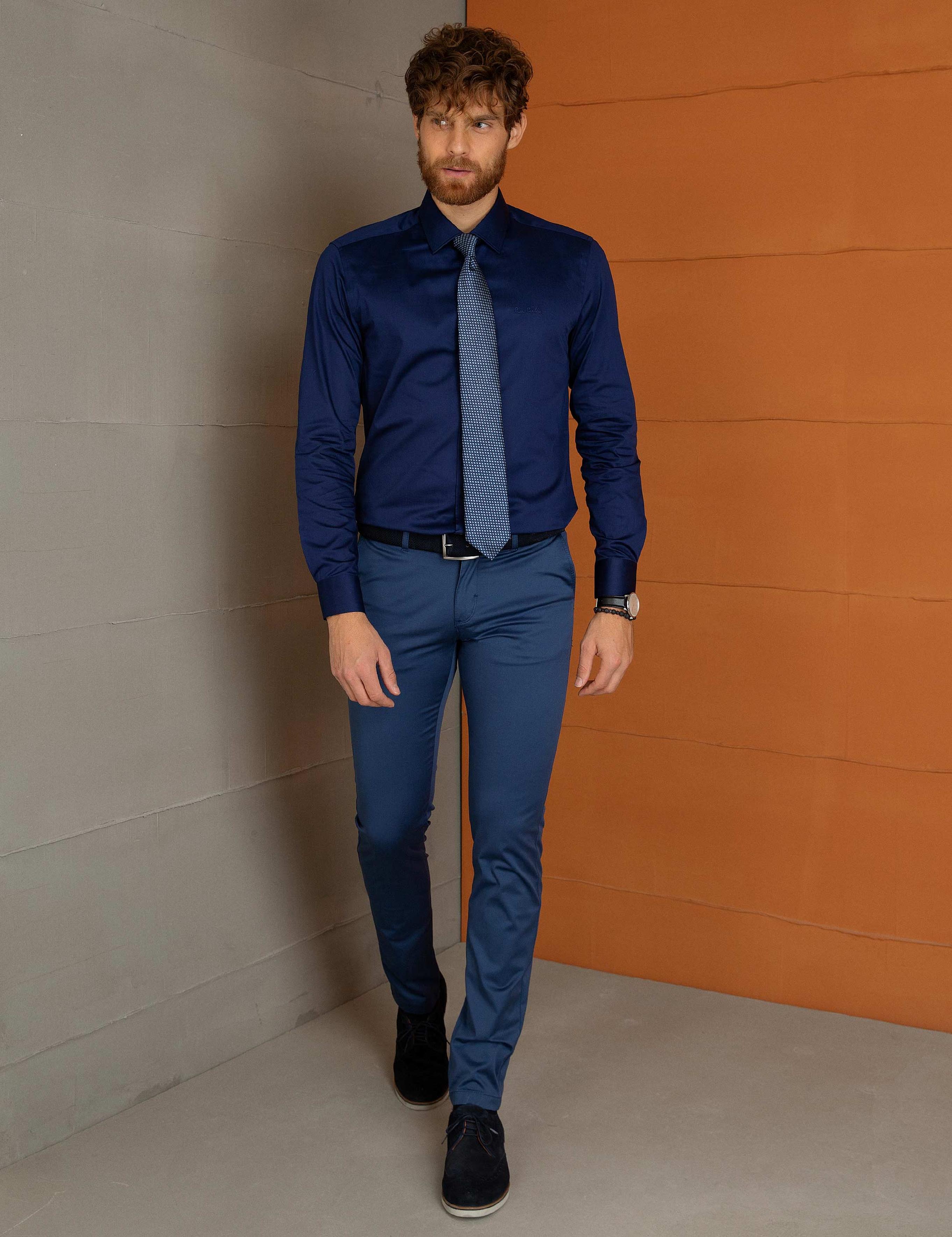Lacivert Slim Fit Uzun Kollu Basic Gömlek