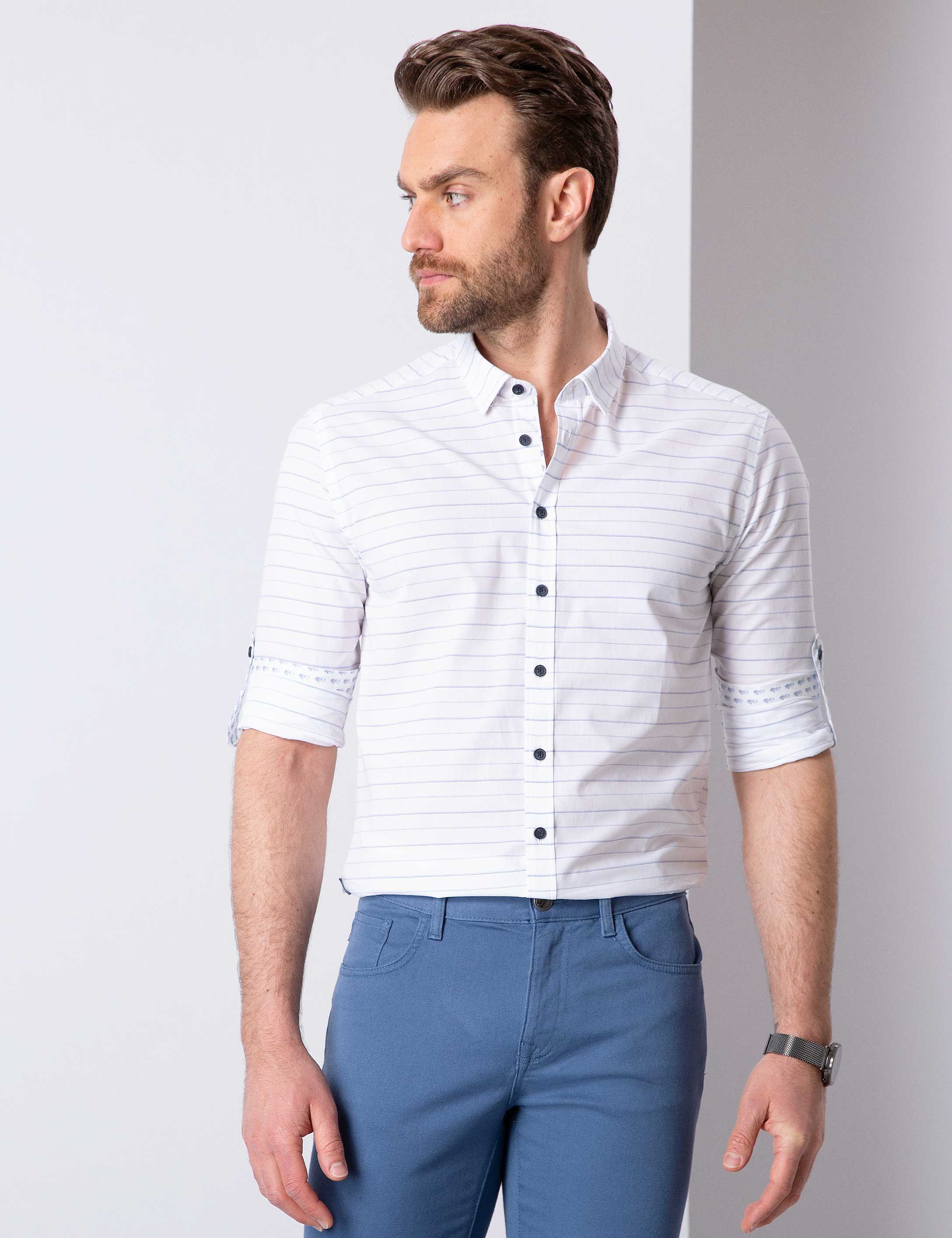 Beyaz Slim Fit Keten Karışımlı Gömlek