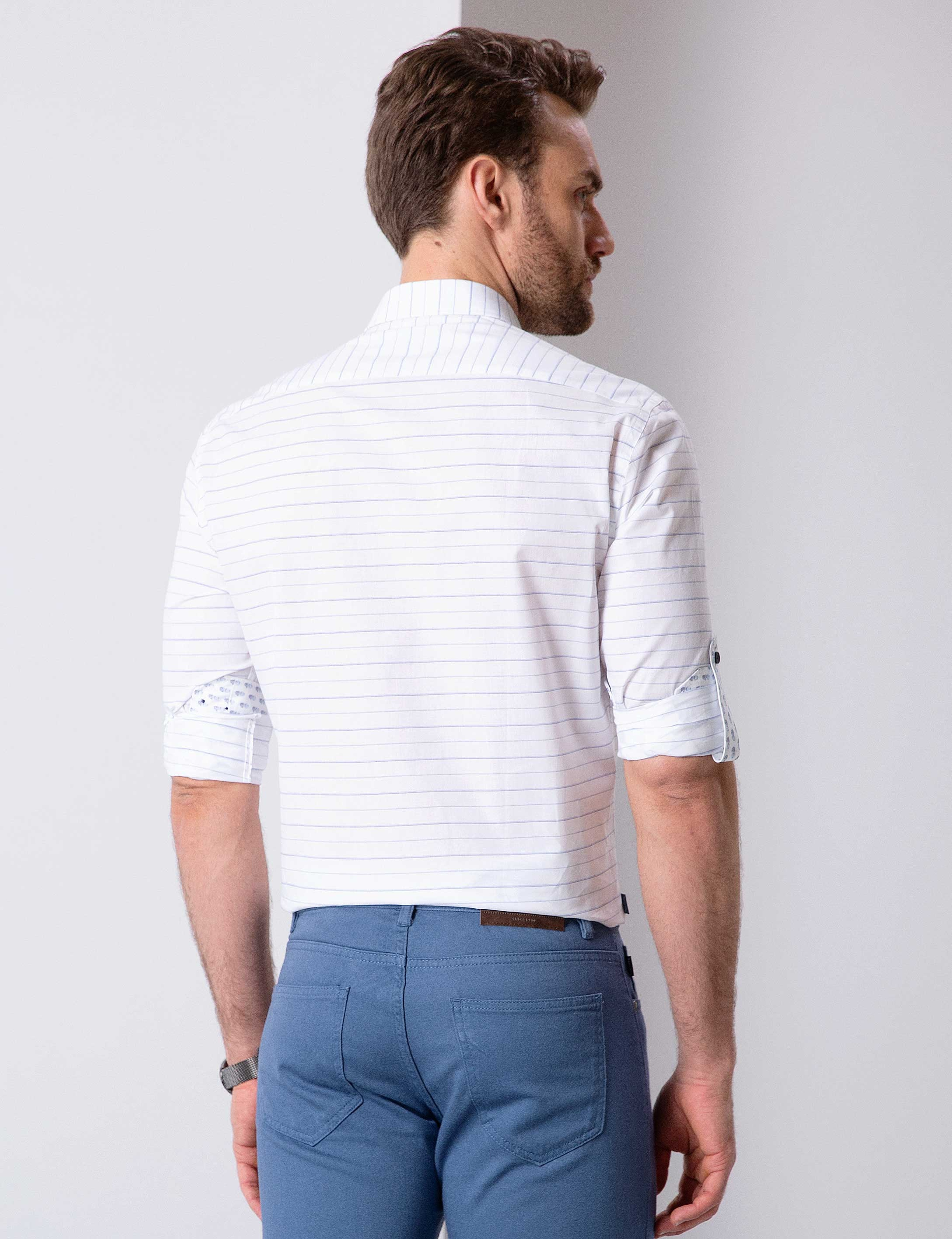 Beyaz Slim Fit Keten Karışımlı Gömlek