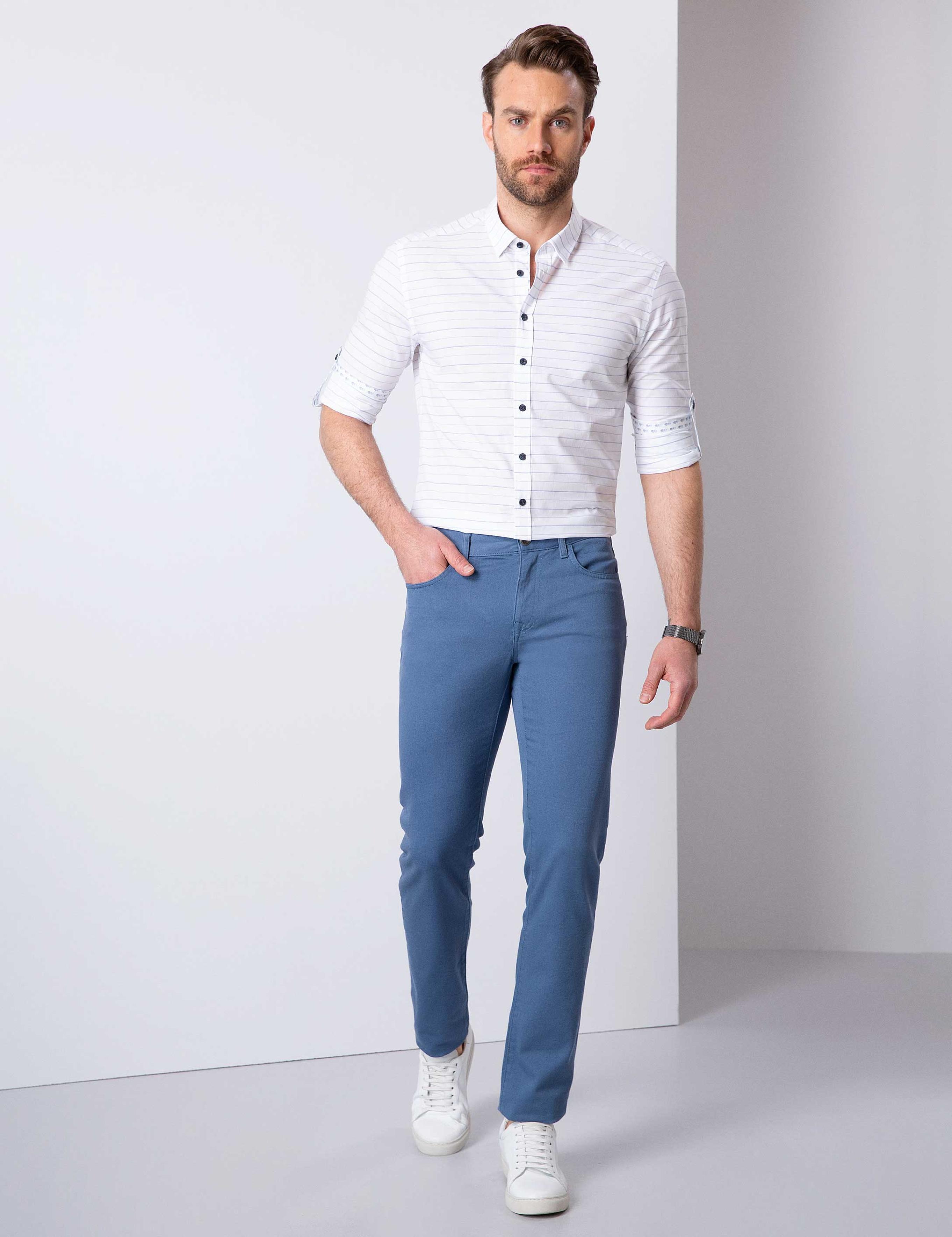 Beyaz Slim Fit Keten Karışımlı Gömlek