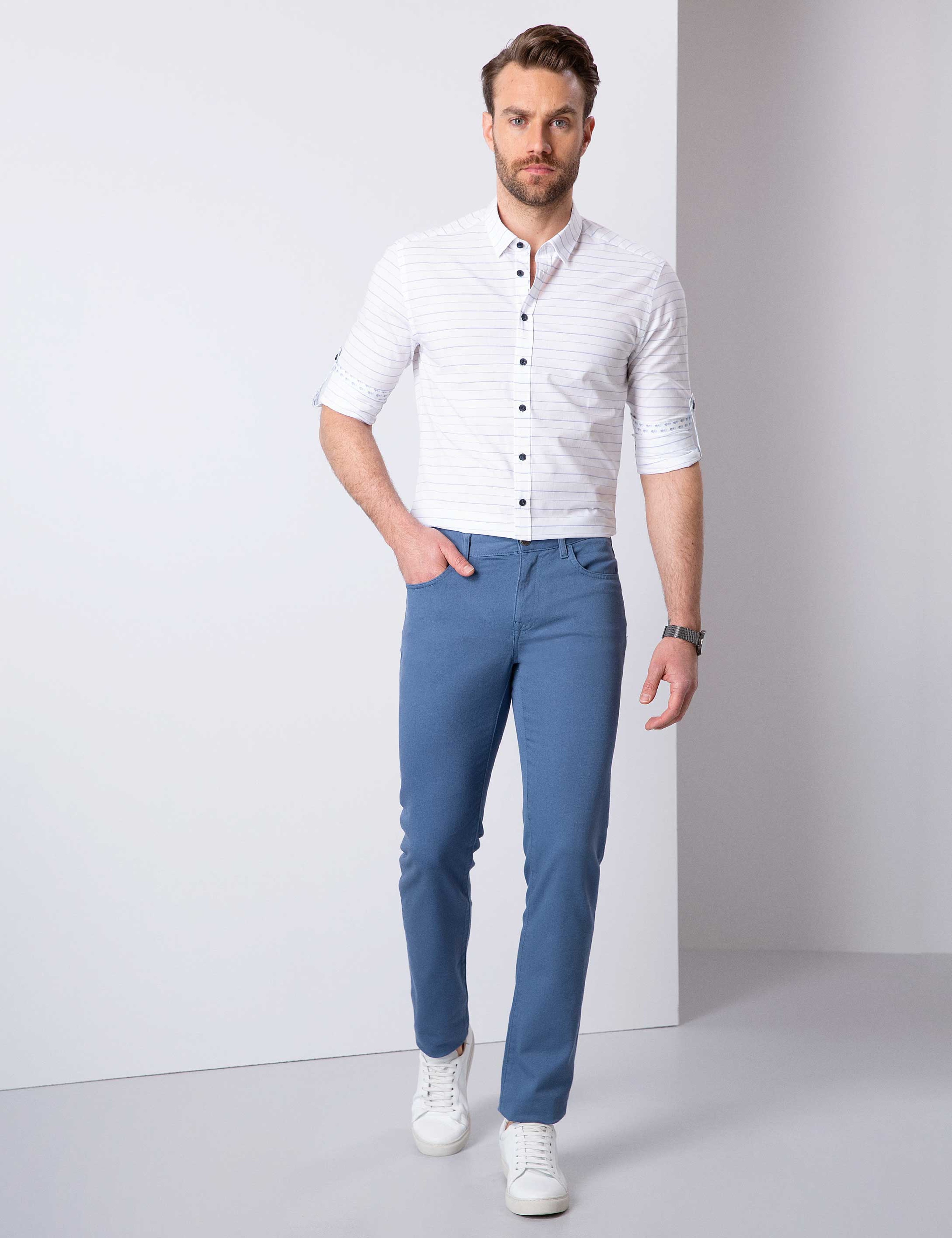 Beyaz Slim Fit Keten Karışımlı Gömlek - Image 3