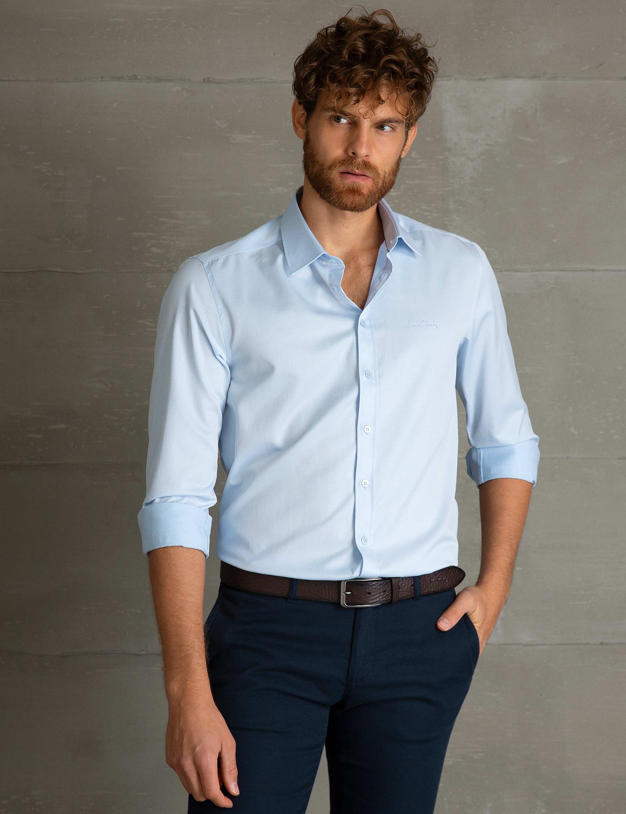 Açık Mavi Slim Fit Uzun Kollu Basic Gömlek