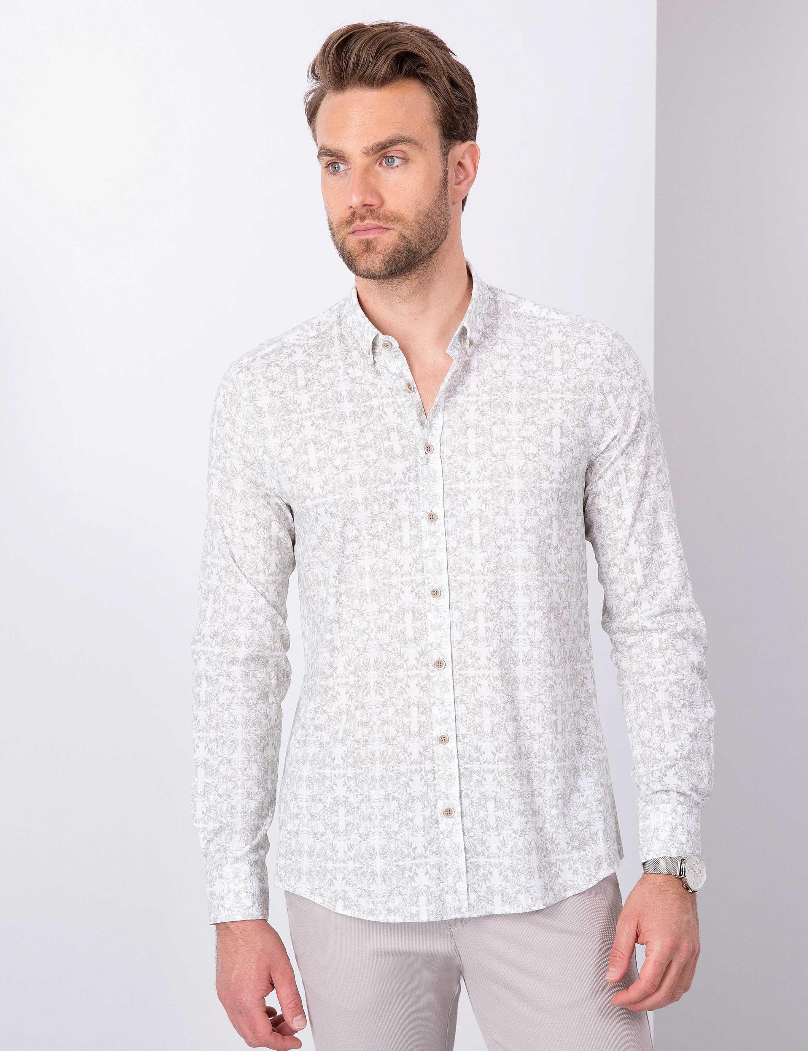 Yeşil Slim Fit Uzun Kollu Gömlek