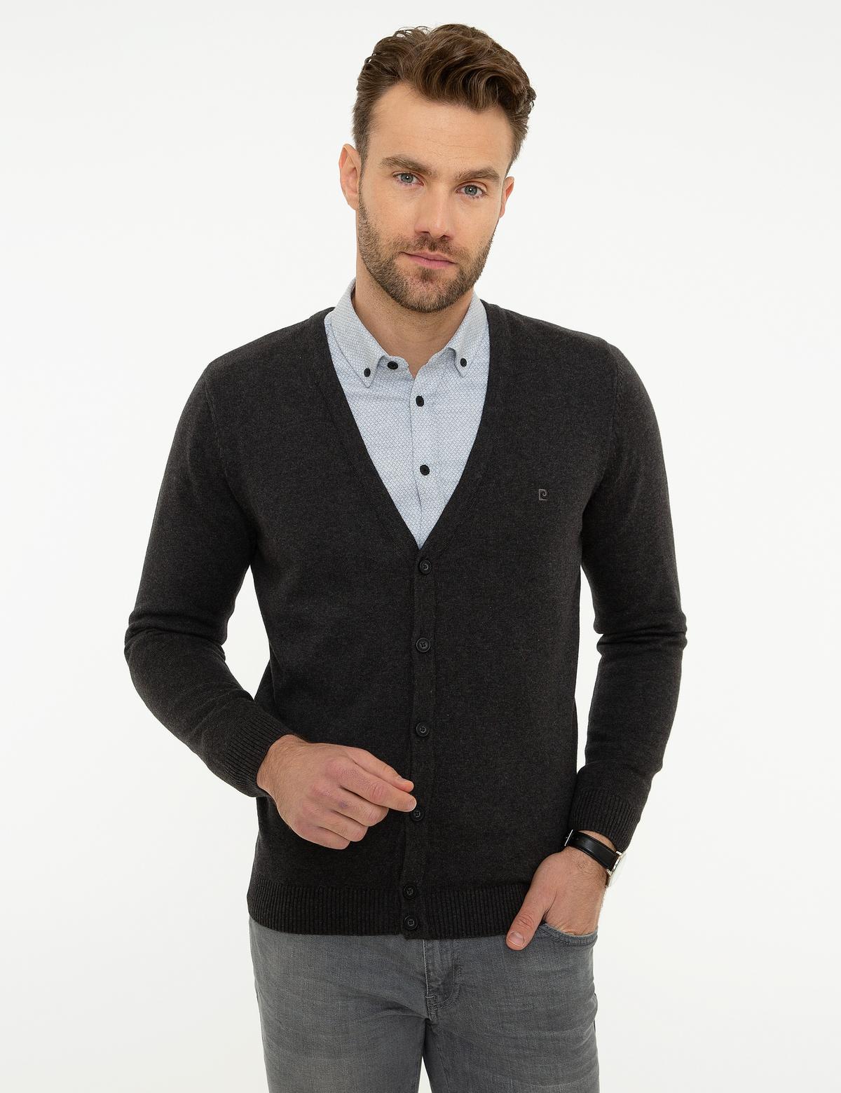 Antrasit Melanj Slim Fit Basic Triko Hırka