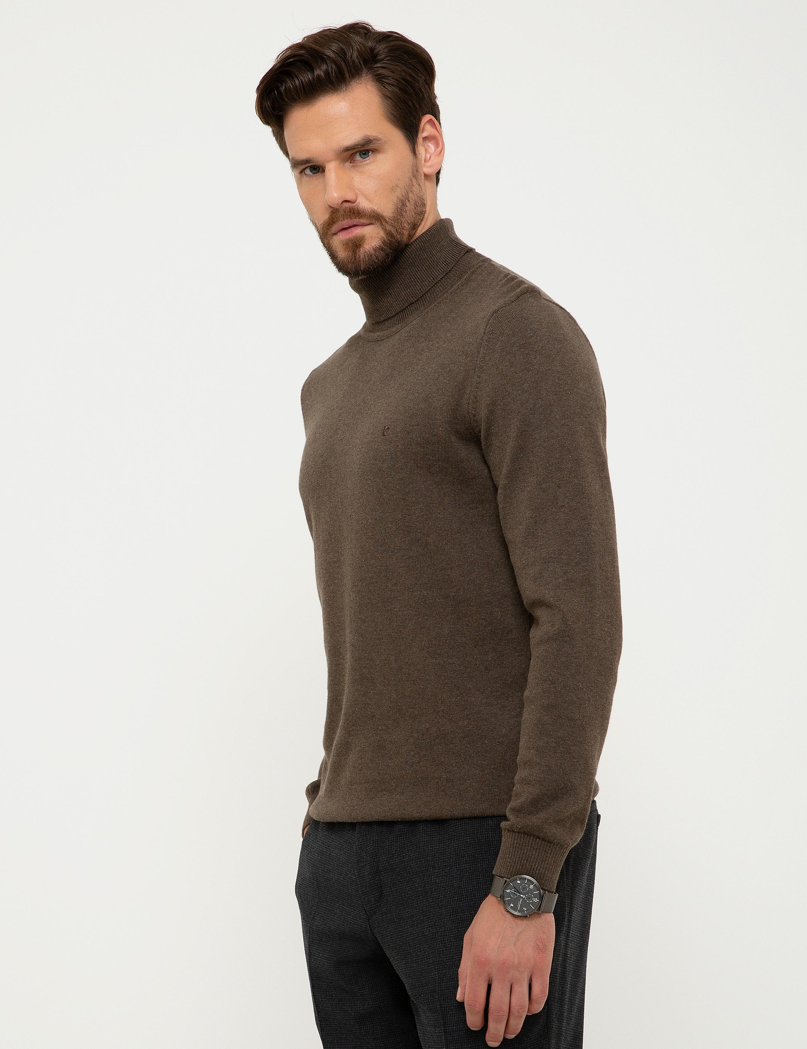 Haki Melanj Slim Fit Tam Balıkçı Yaka Basic Triko Kazak