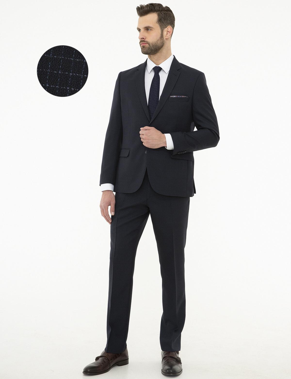 Ekose Lacivert Slim Fit Takım Elbise
