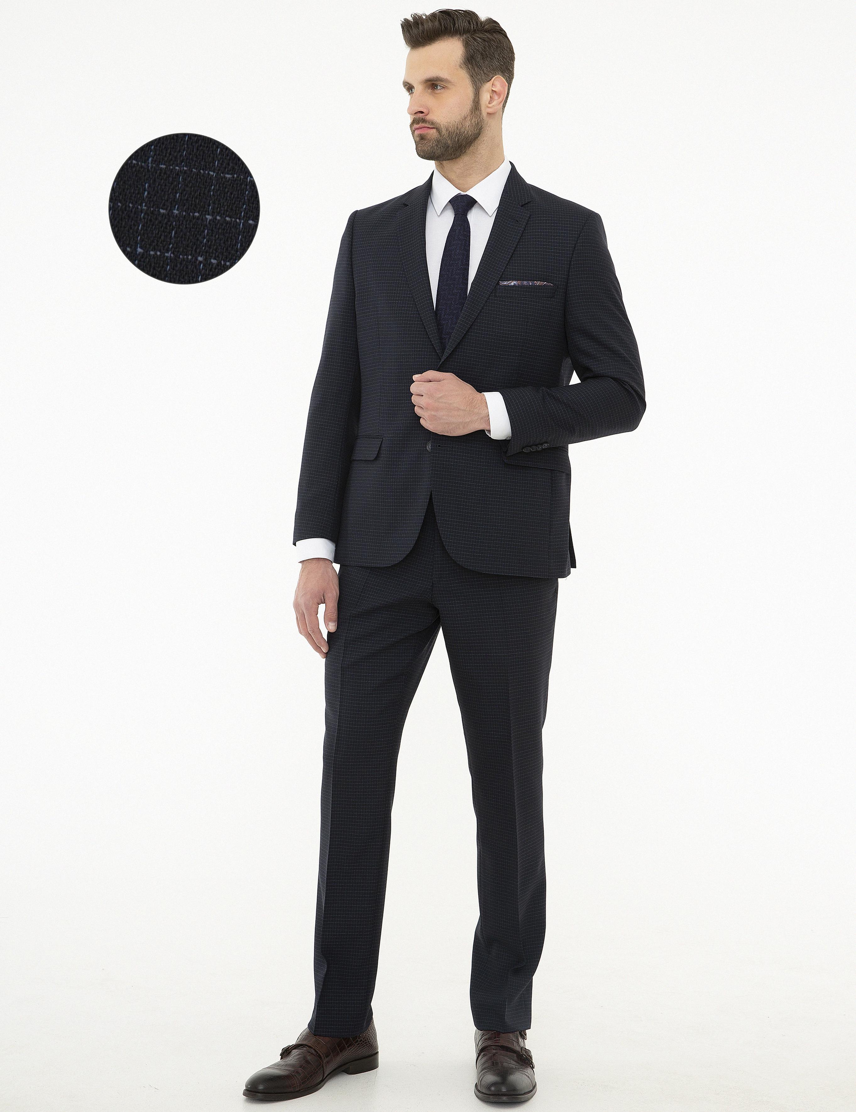 Ekose Lacivert Slim Fit Takım Elbise