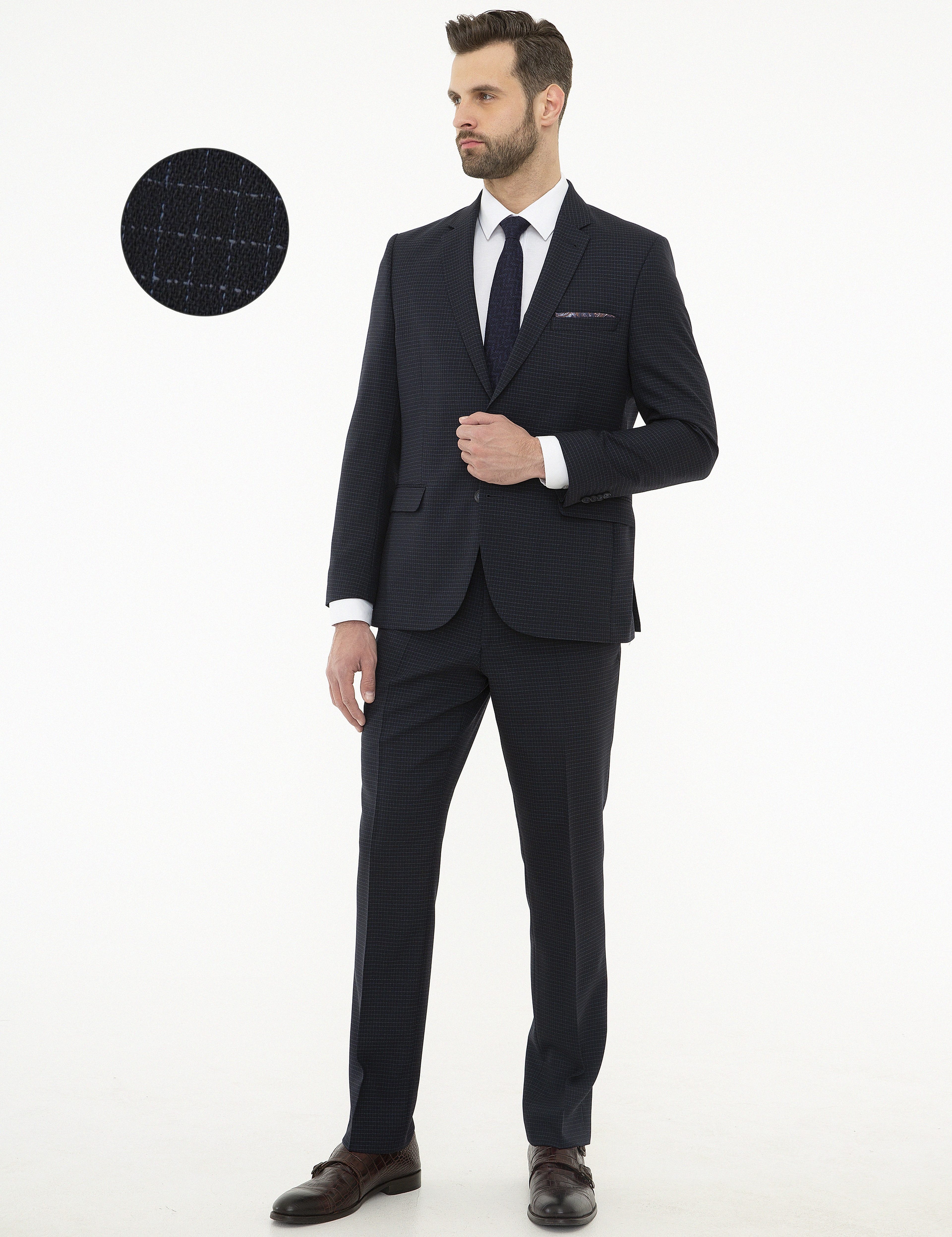 Ekose Lacivert Slim Fit Takım Elbise - Image 1