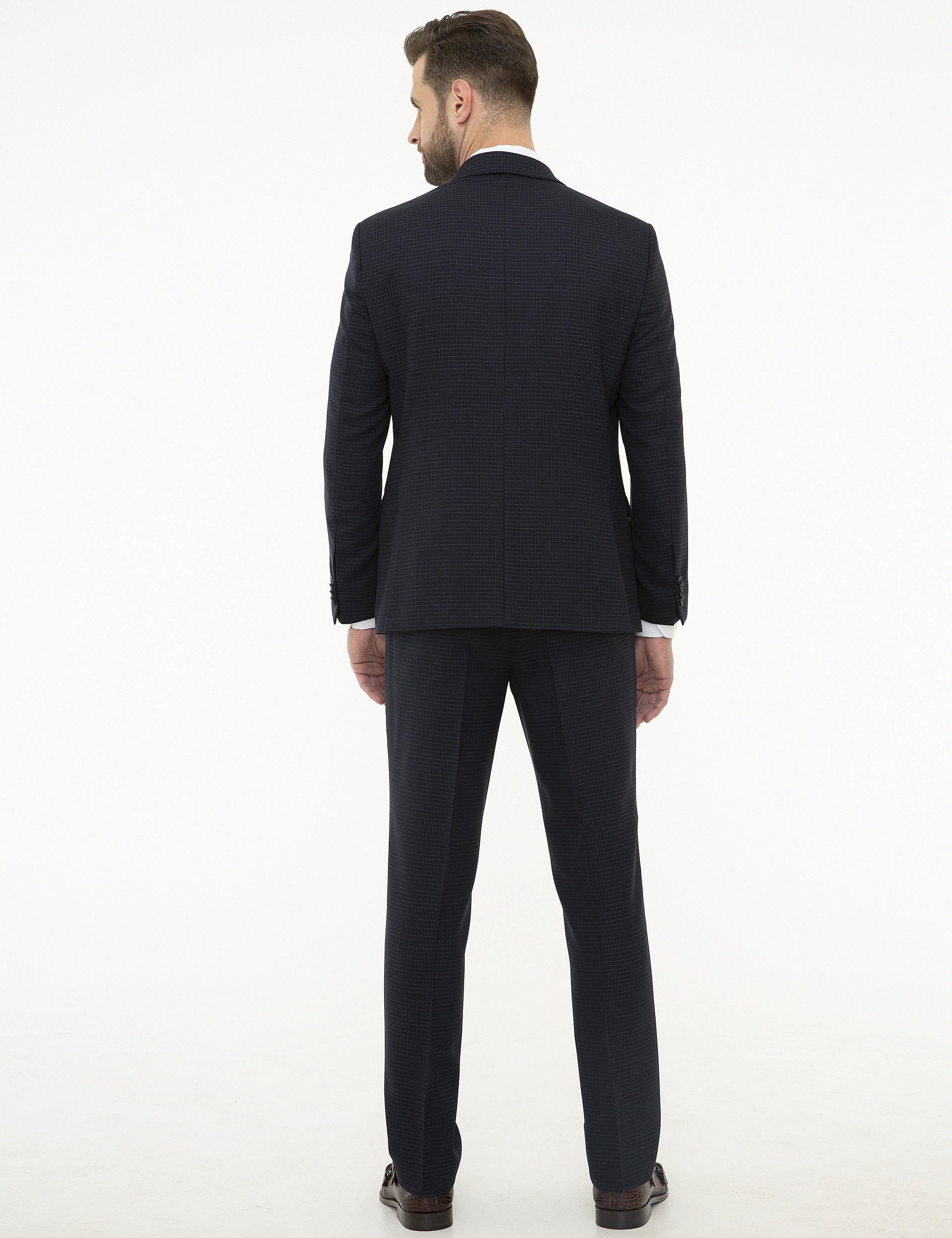 Ekose Lacivert Slim Fit Takım Elbise