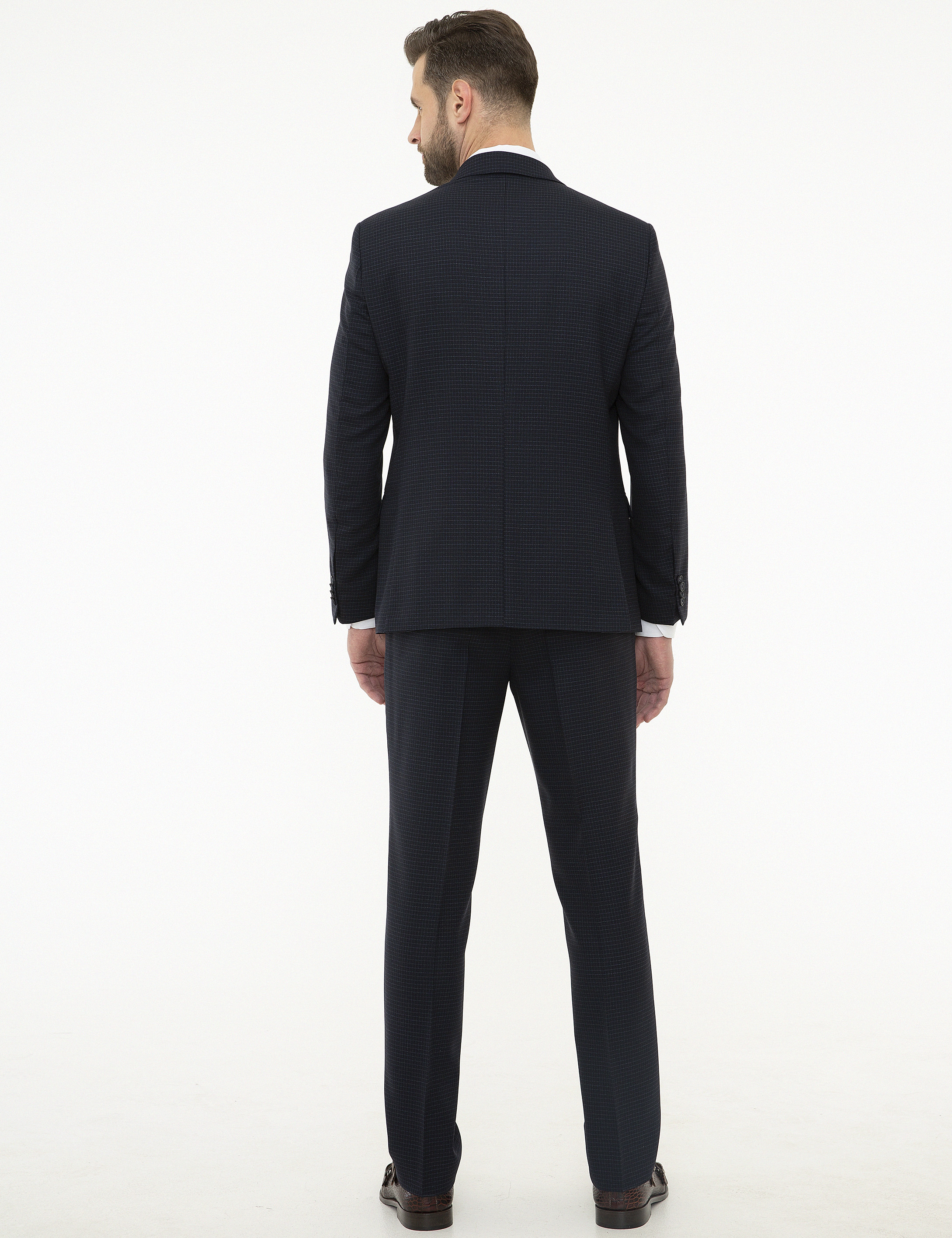 Ekose Lacivert Slim Fit Takım Elbise - Image 4