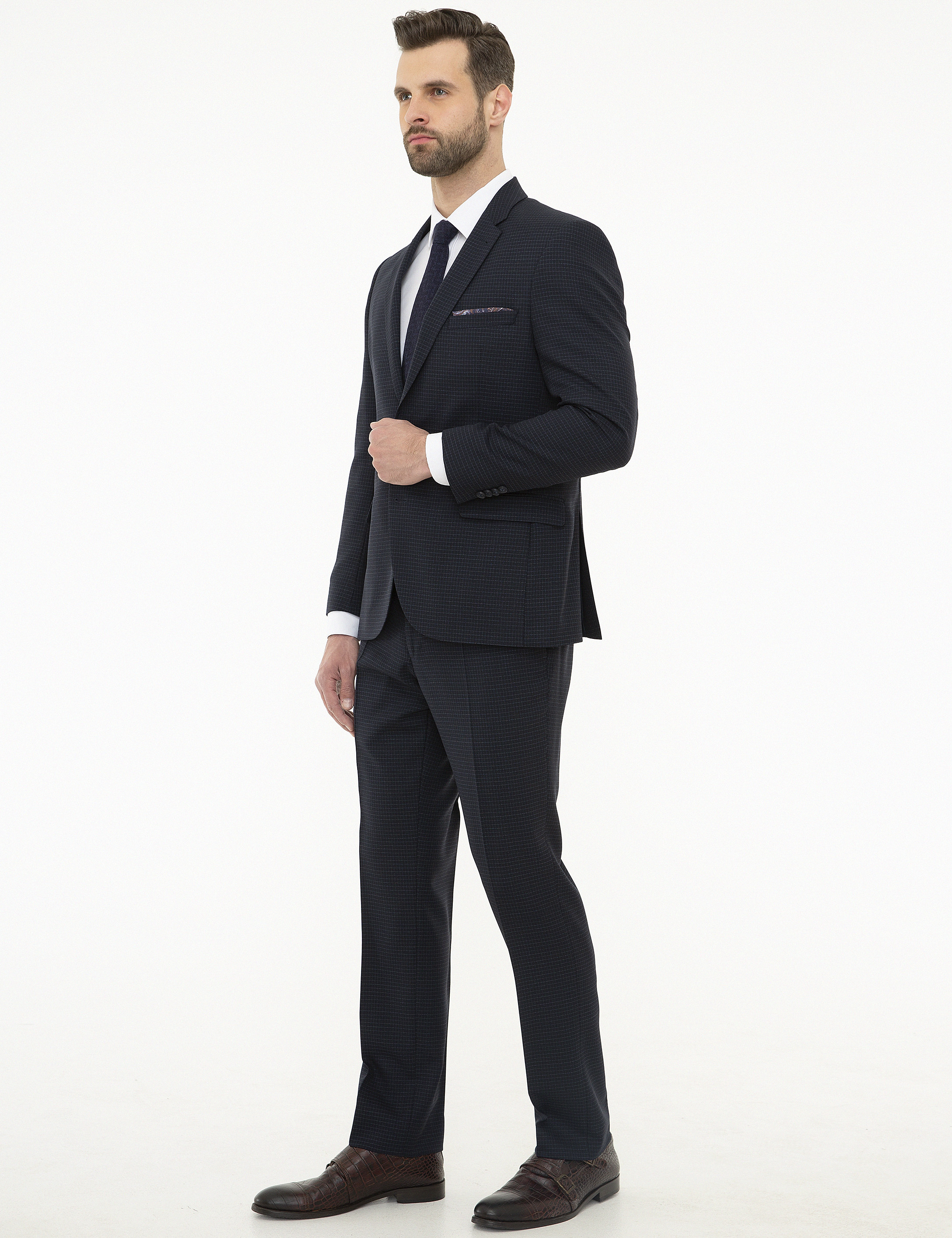 Ekose Lacivert Slim Fit Takım Elbise