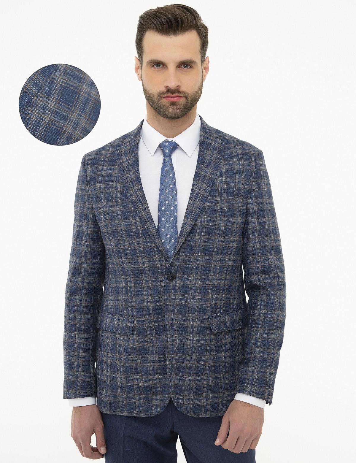 Ekose Koyu Mavi Slim Fit Ceket