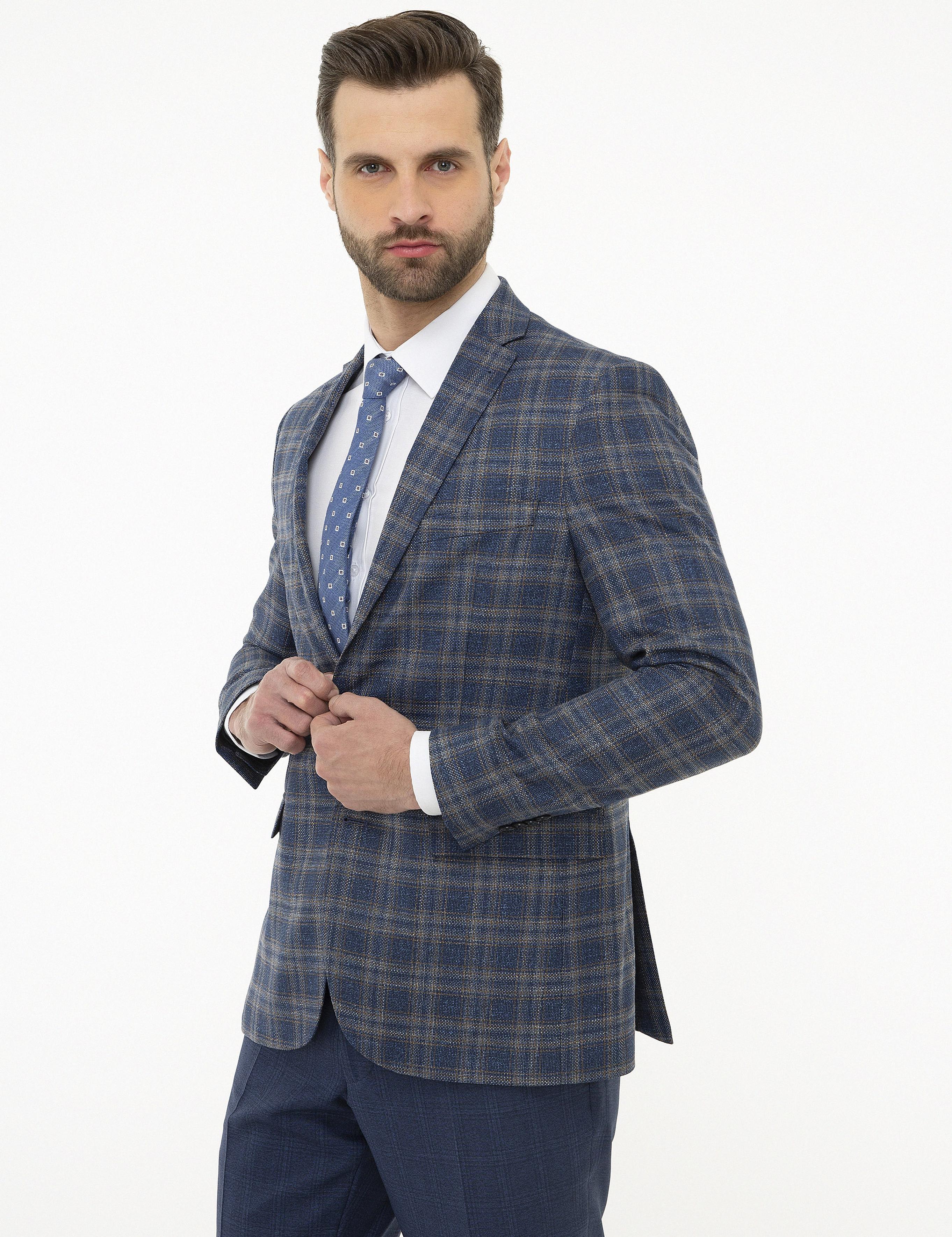 Ekose Koyu Mavi Slim Fit Ceket