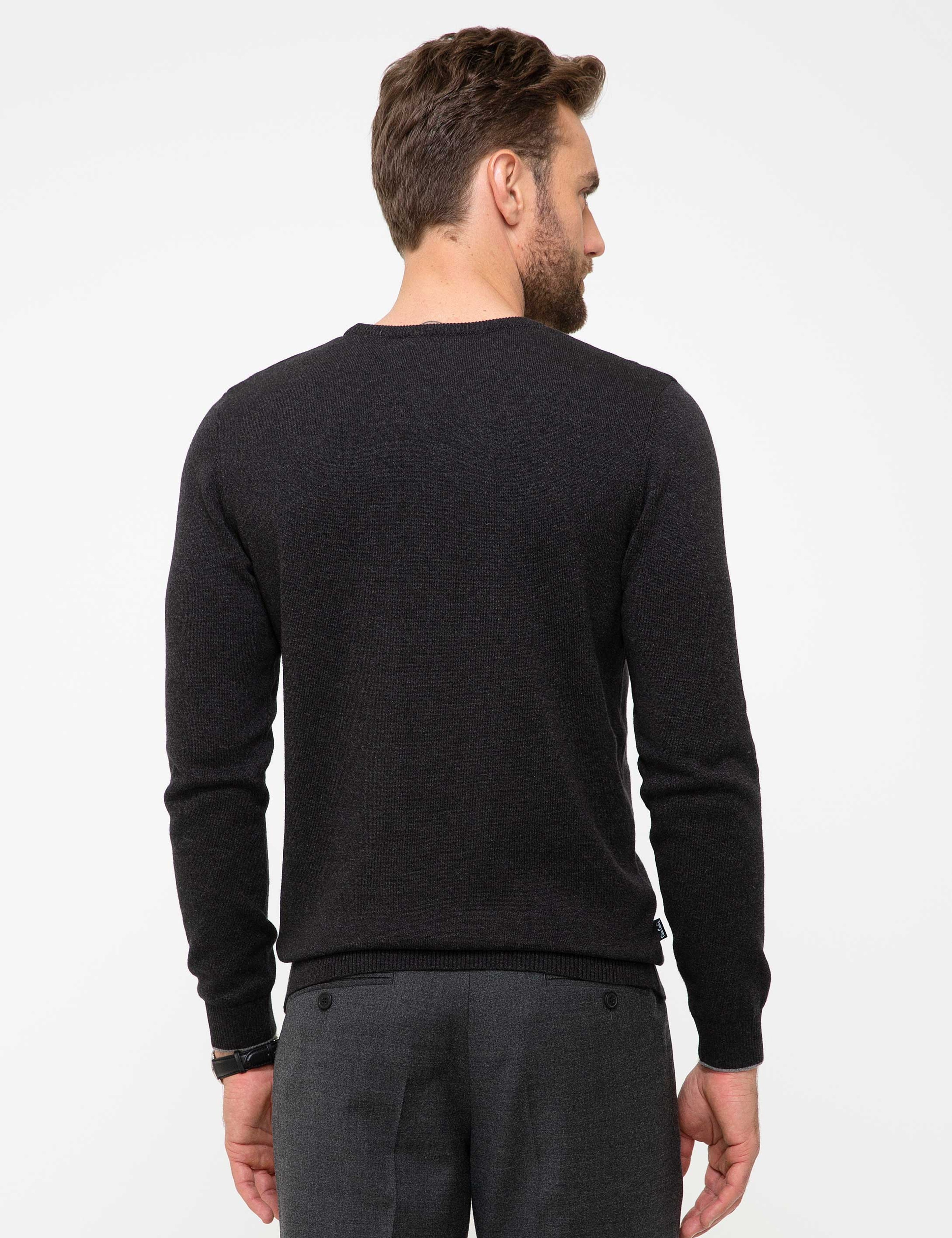 Antrasit Gri Melanj Slim Fit Basic Triko Kazak - Image 3