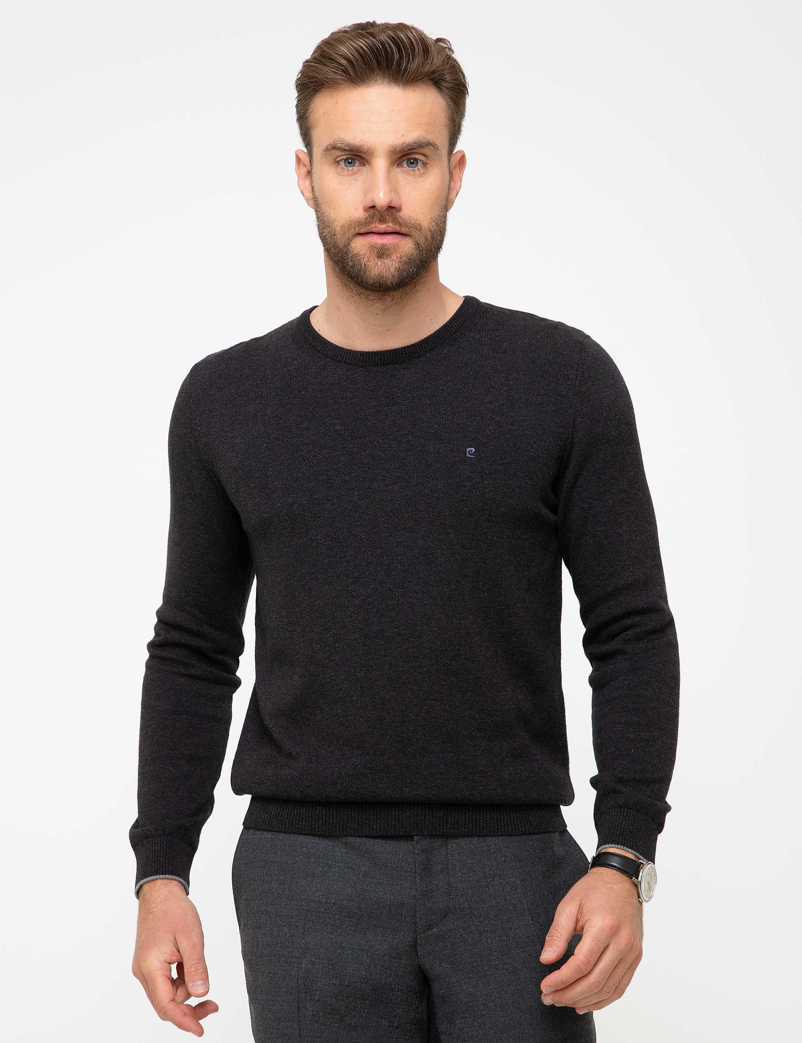 Antrasit Gri Melanj Slim Fit Basic Triko Kazak