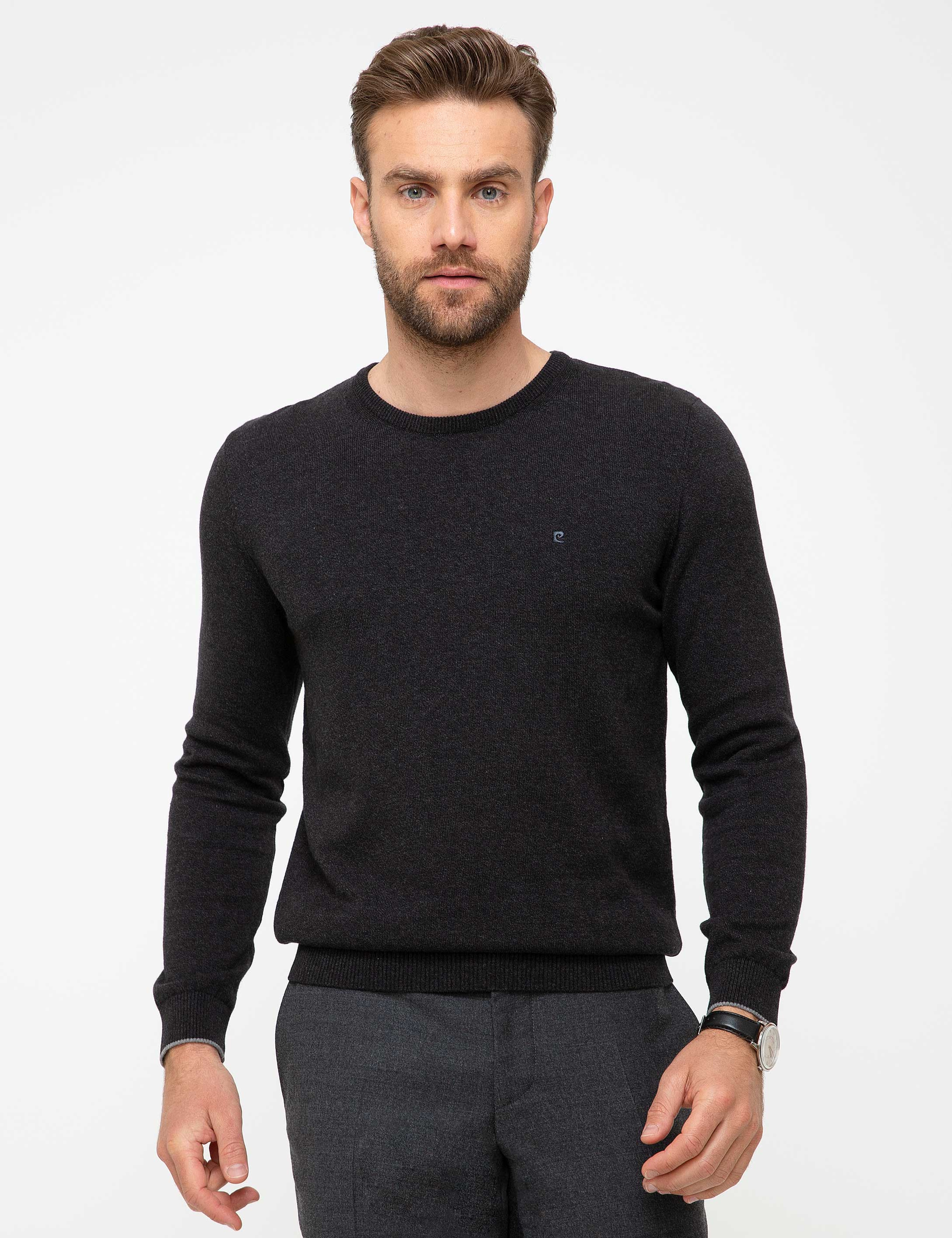 Antrasit Gri Melanj Slim Fit Basic Triko Kazak - Image 1