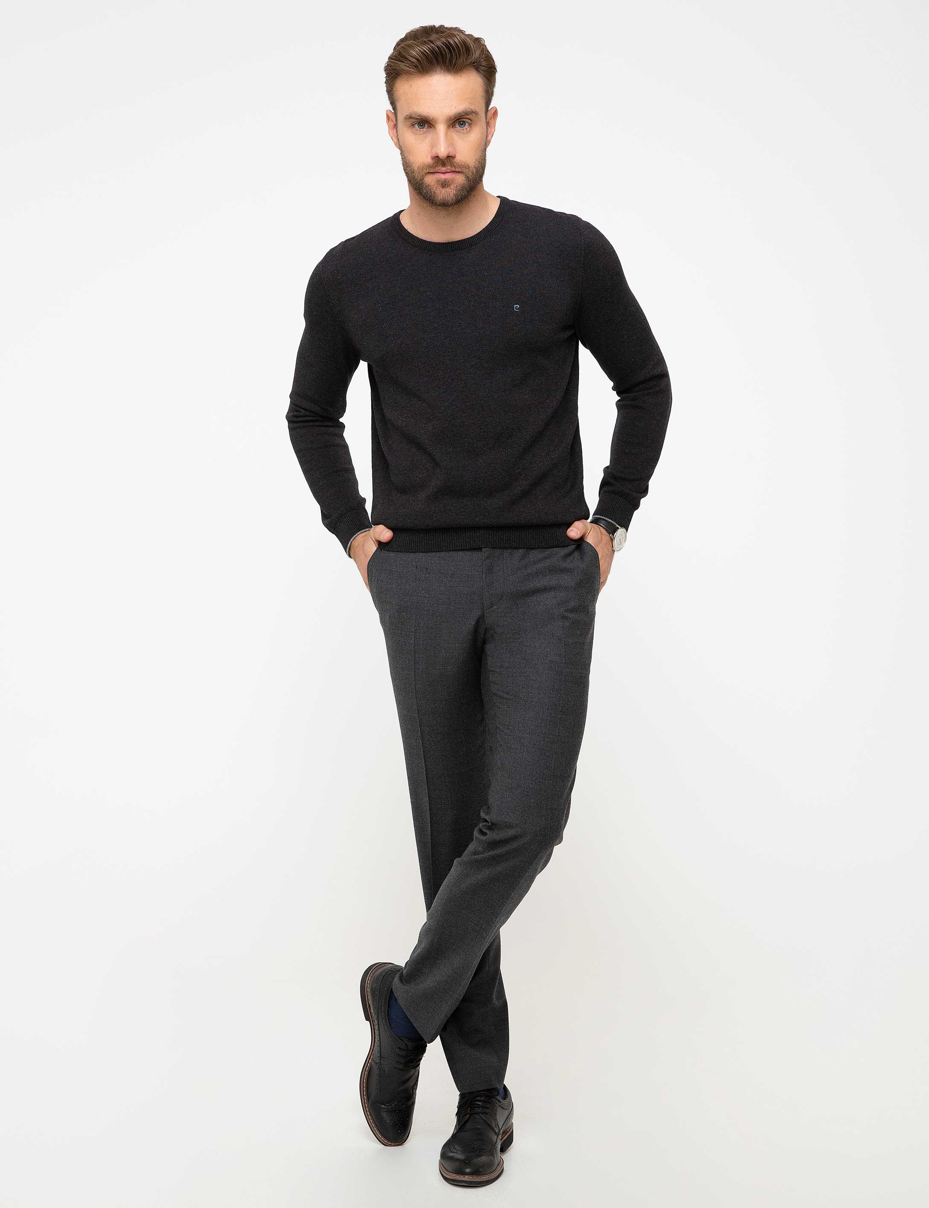 Antrasit Gri Melanj Slim Fit Basic Triko Kazak