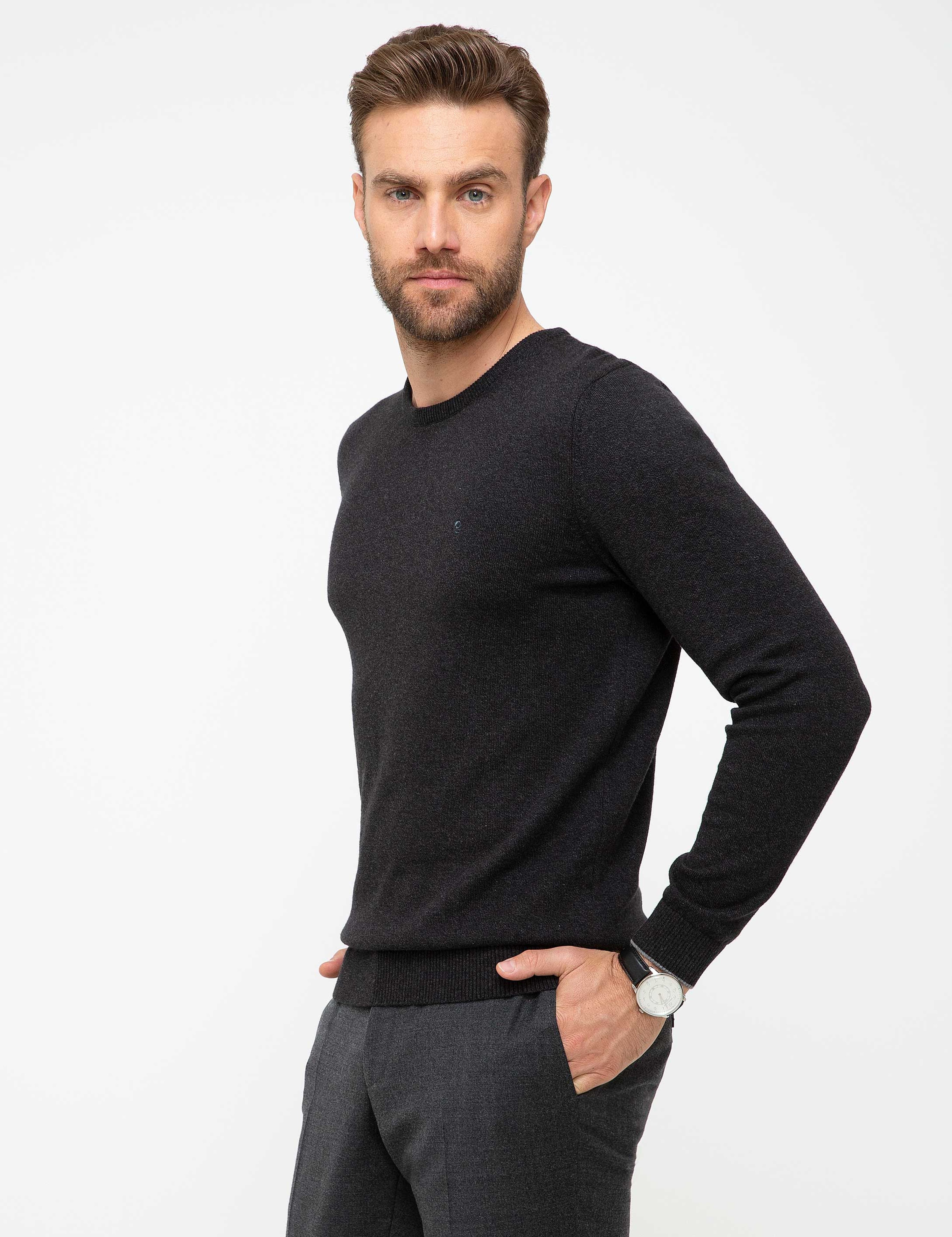 Antrasit Gri Melanj Slim Fit Basic Triko Kazak - Image 2