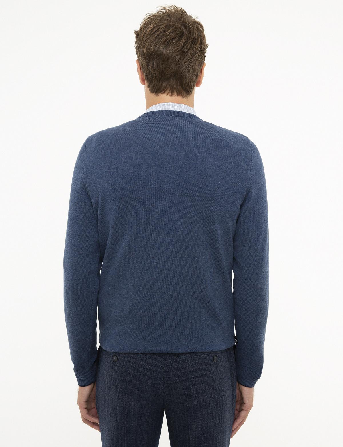 İndigo Mavi Melanj Slim Fit Bisiklet Yaka Basic Triko Kazak - 50207445216