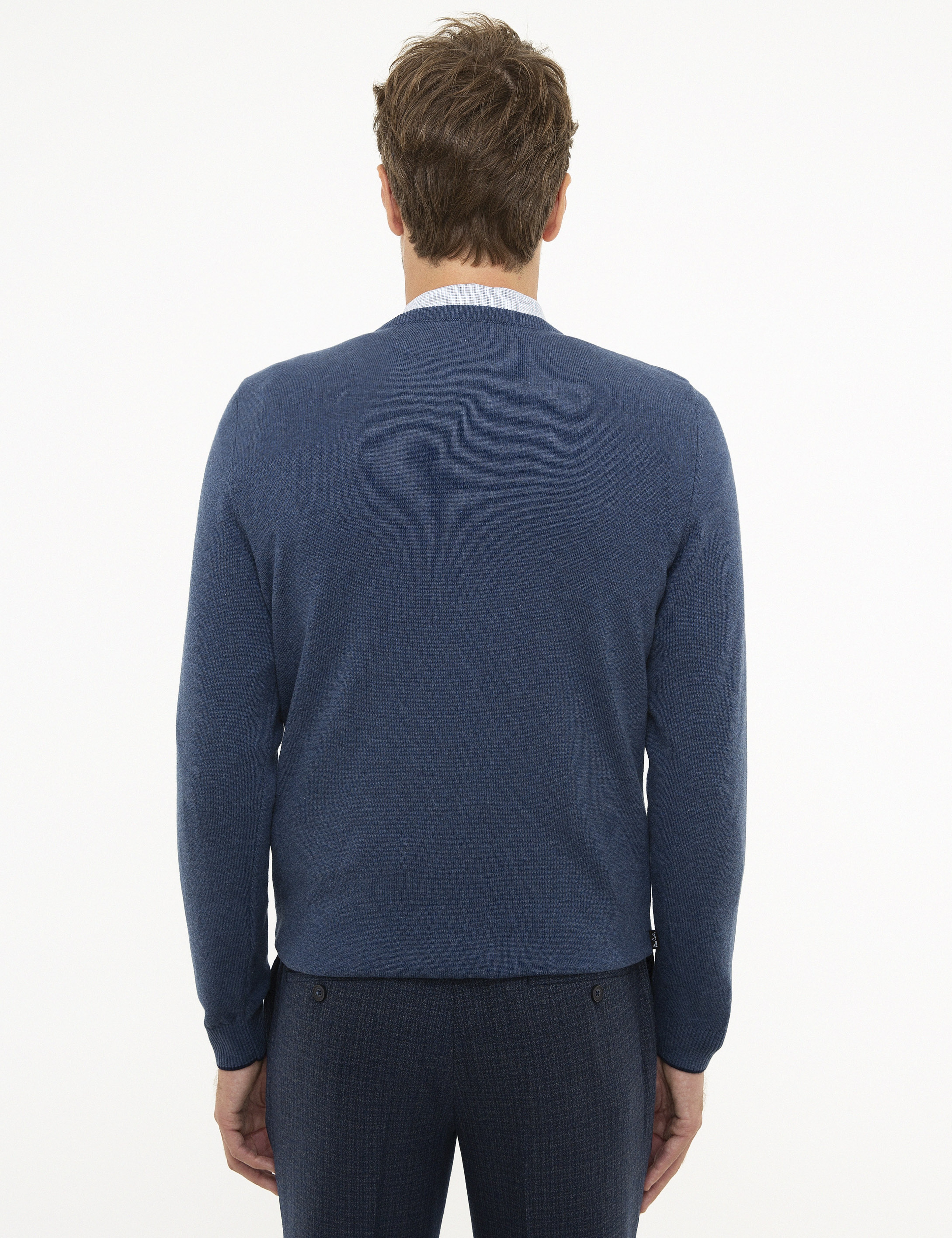 İndigo Mavi Melanj Slim Fit Bisiklet Yaka Basic Triko Kazak - Image 4