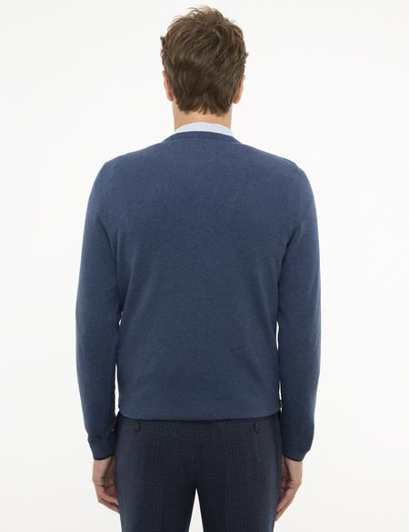 İndigo Mavi Melanj Slim Fit Bisiklet Yaka Basic Triko Kazak - 50207445216