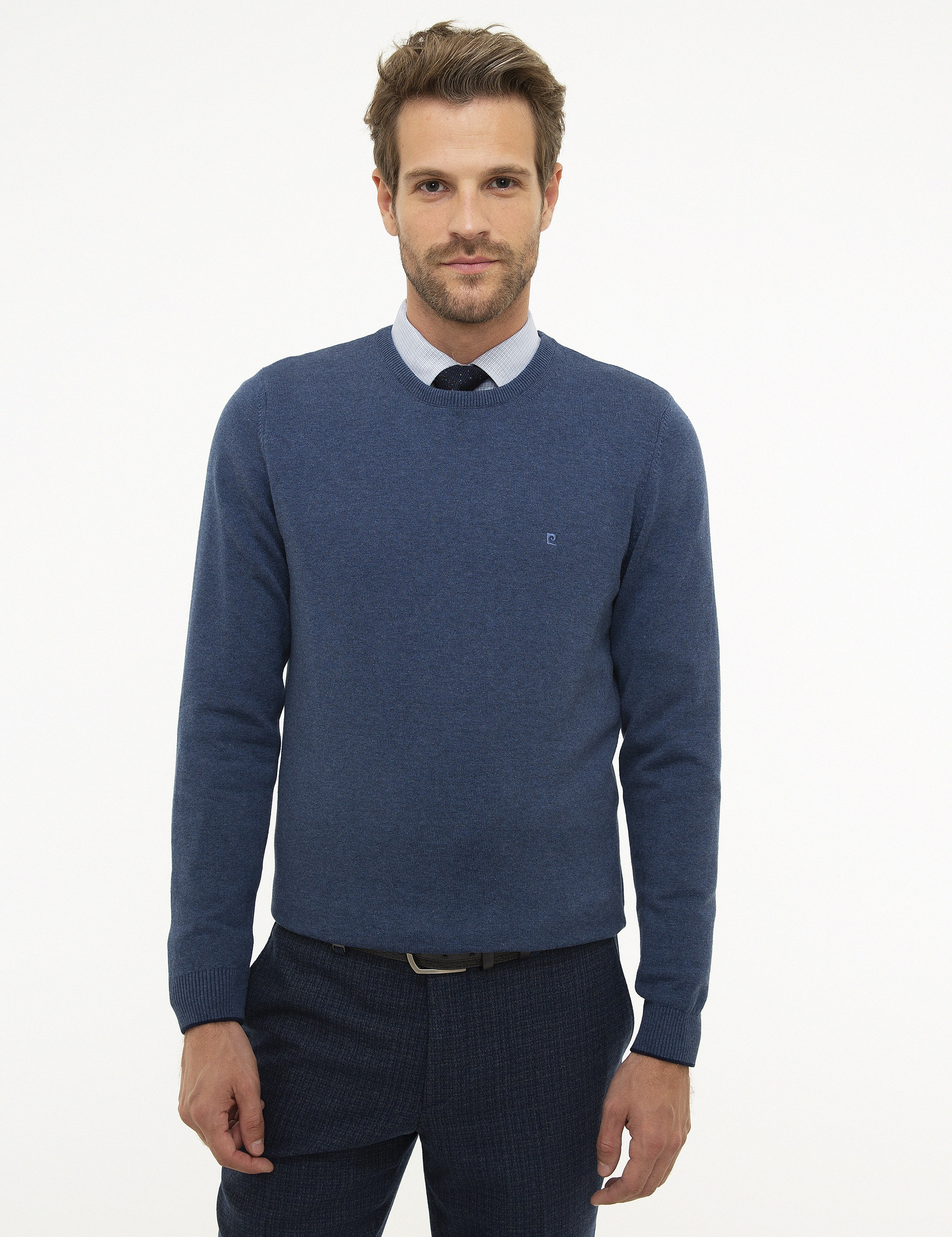 İndigo Mavi Melanj Slim Fit Bisiklet Yaka Basic Triko Kazak - Image 1