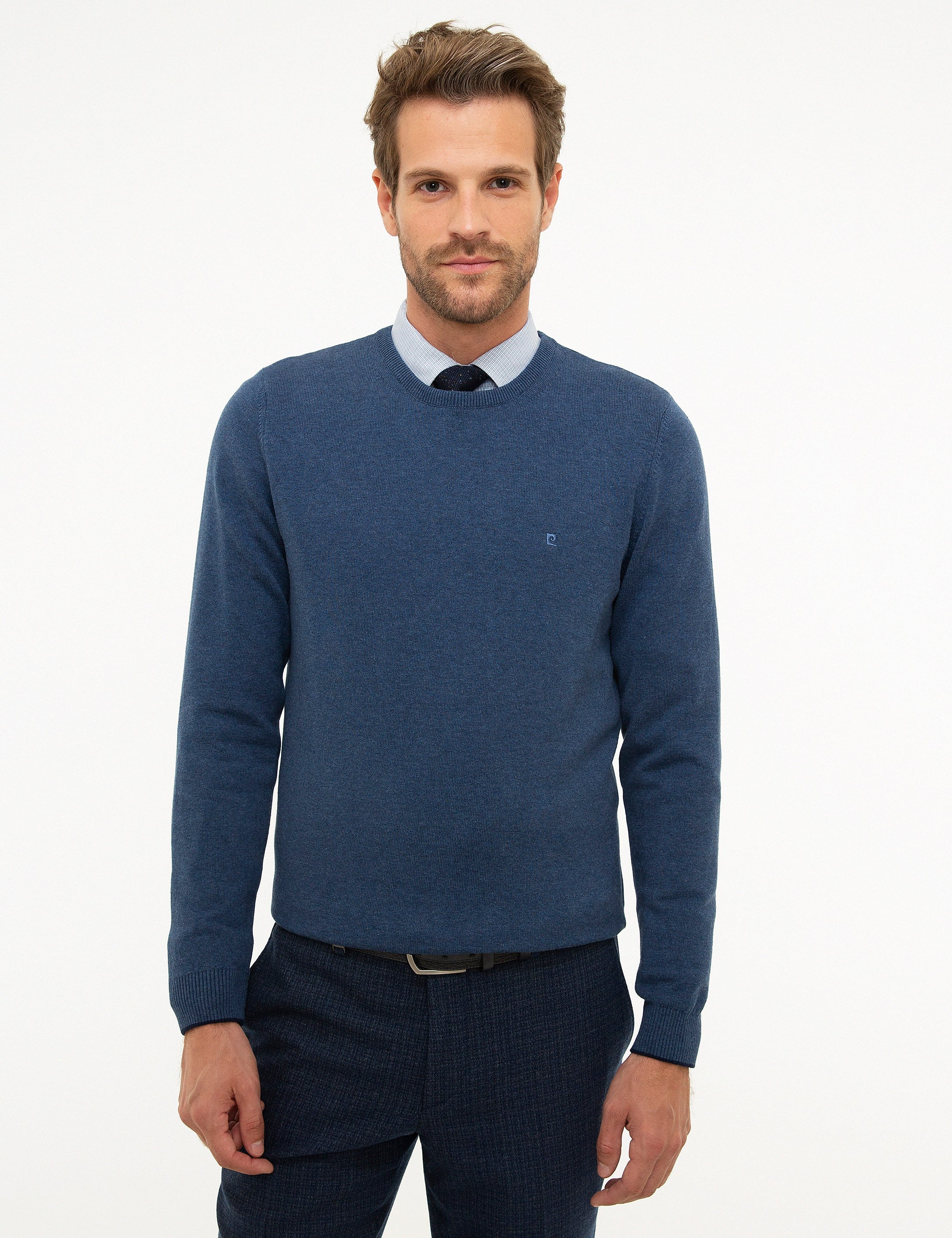 İndigo Mavi Melanj Slim Fit Bisiklet Yaka Basic Triko Kazak