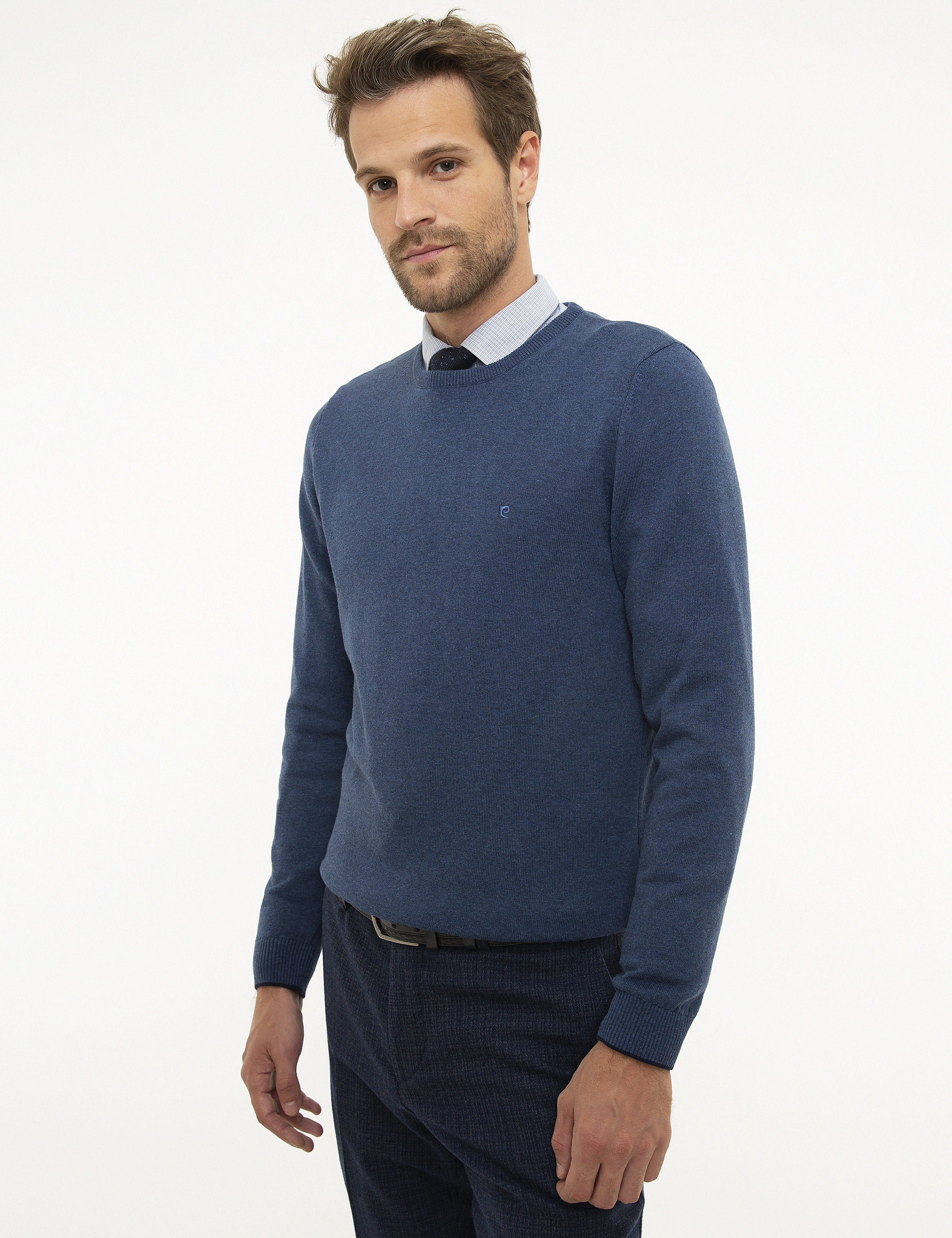 İndigo Mavi Melanj Slim Fit Bisiklet Yaka Basic Triko Kazak