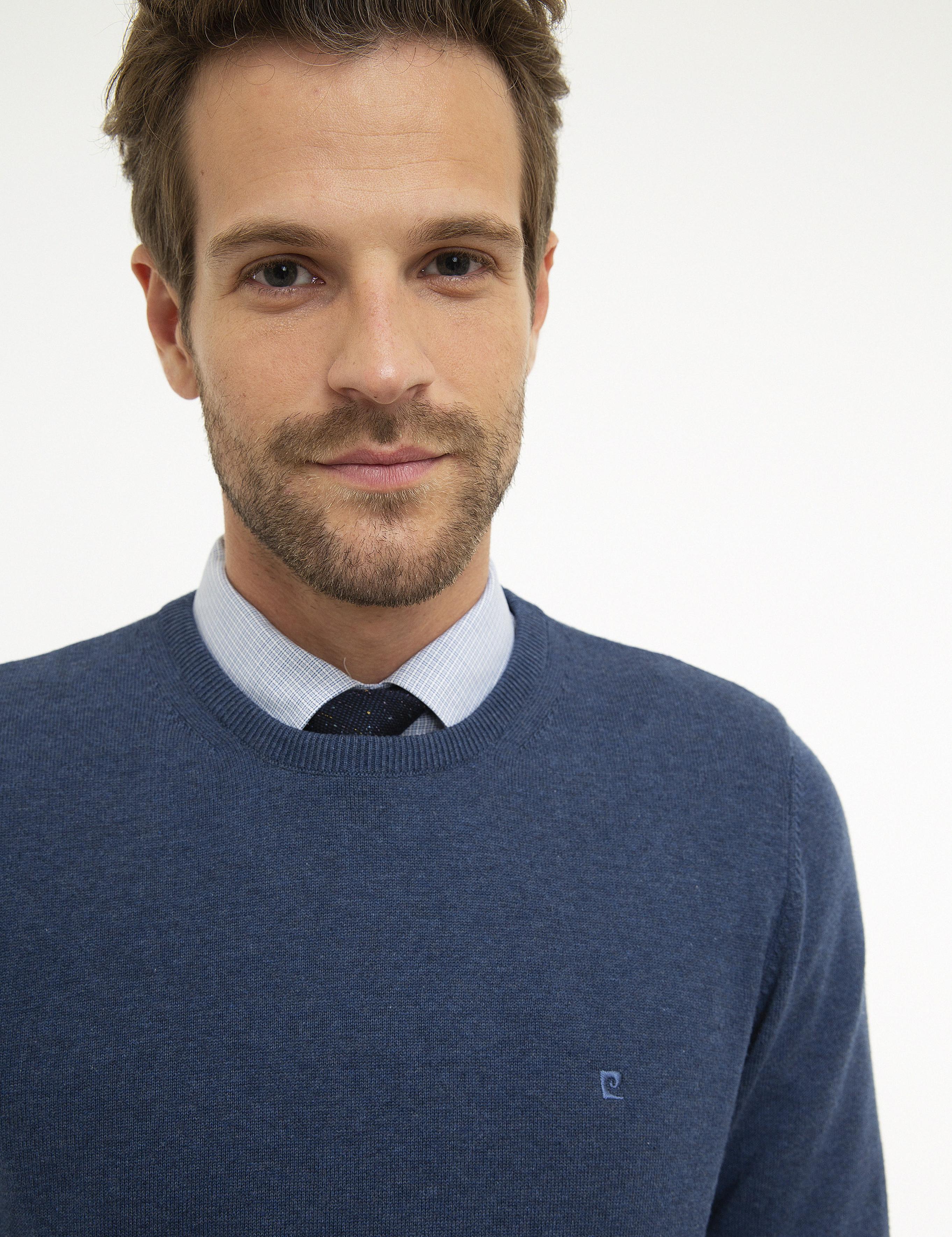 İndigo Mavi Melanj Slim Fit Bisiklet Yaka Basic Triko Kazak