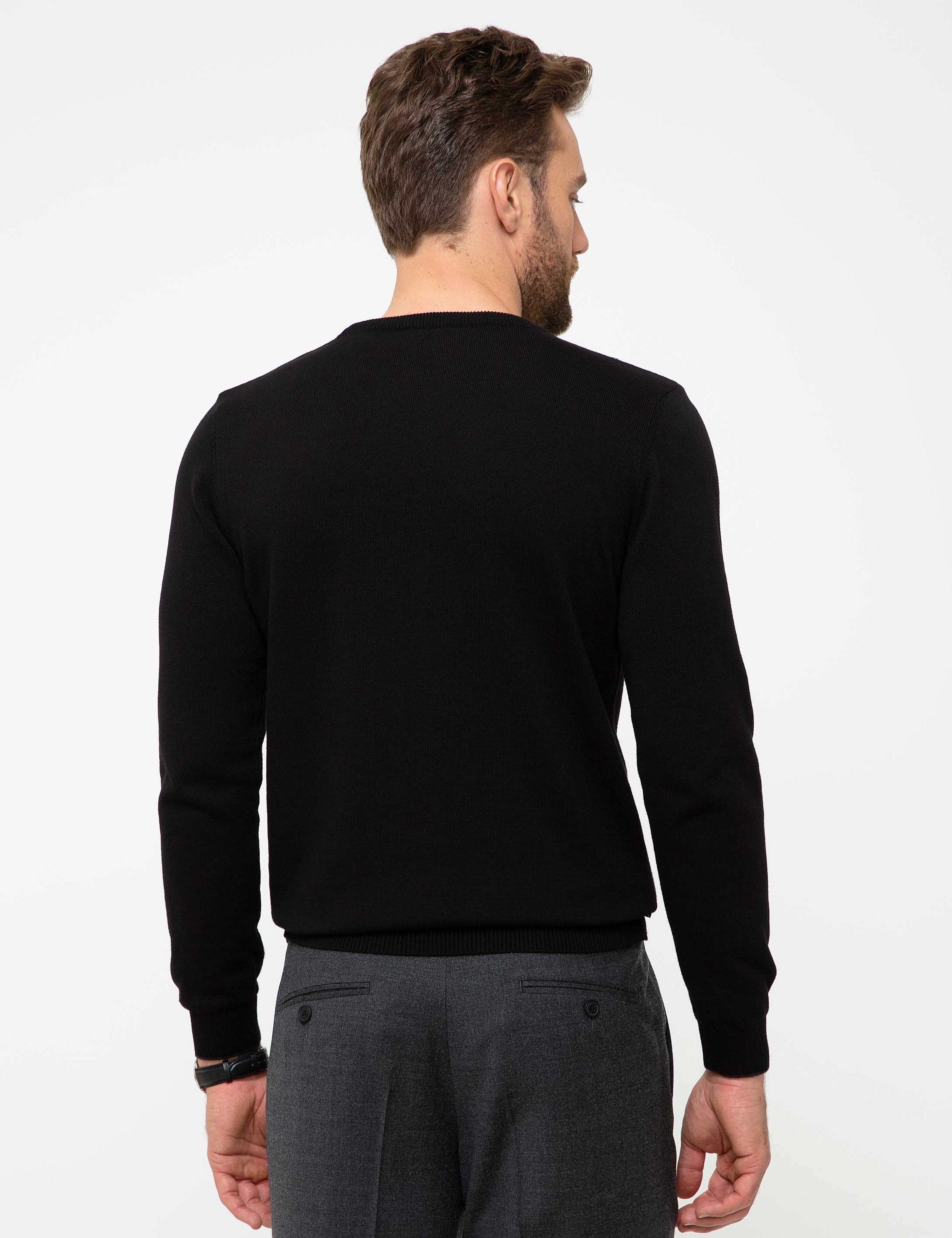 Siyah Slim Fit Bisiklet Yaka Basic Triko Kazak