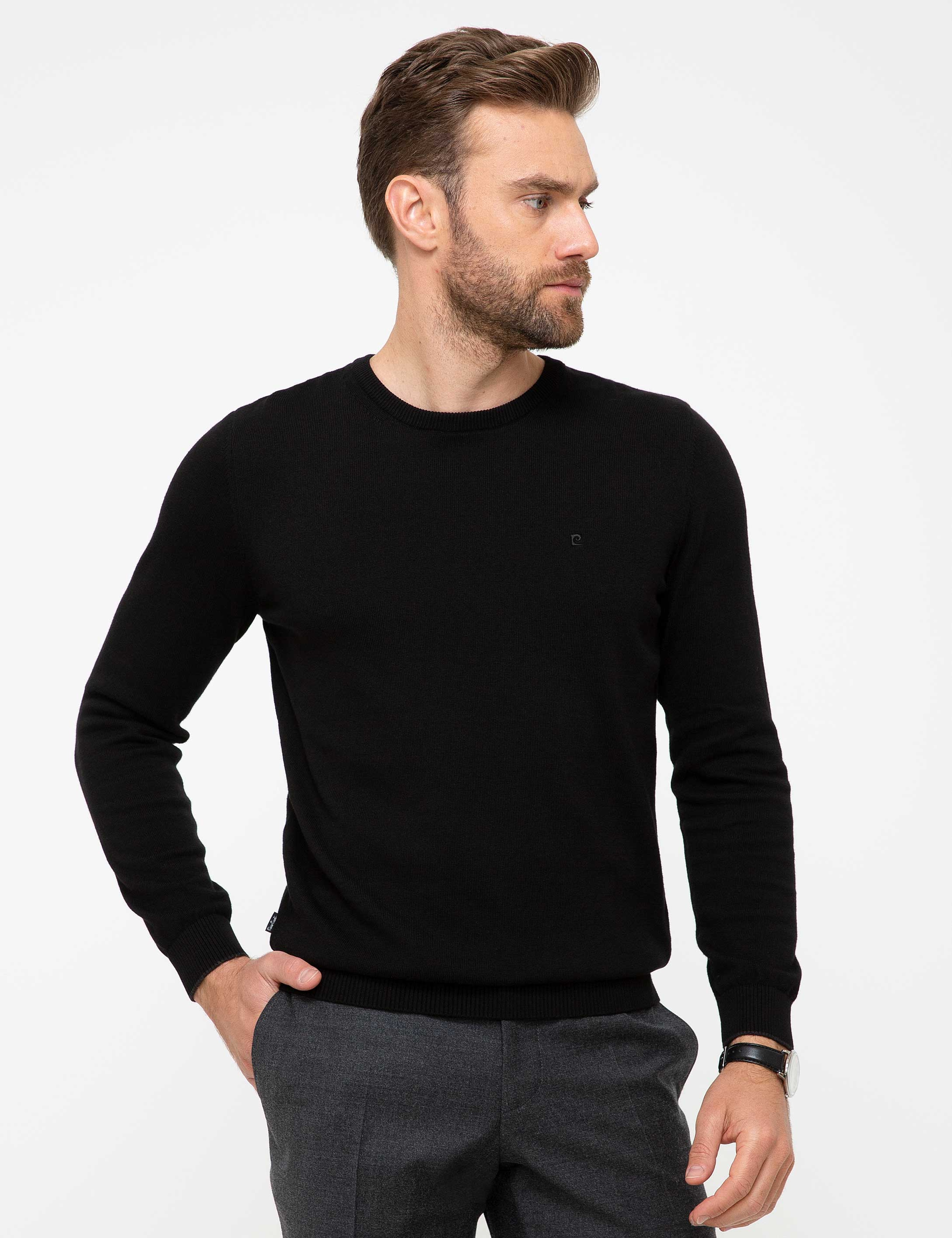Siyah Slim Fit Bisiklet Yaka Basic Triko Kazak - Image 1