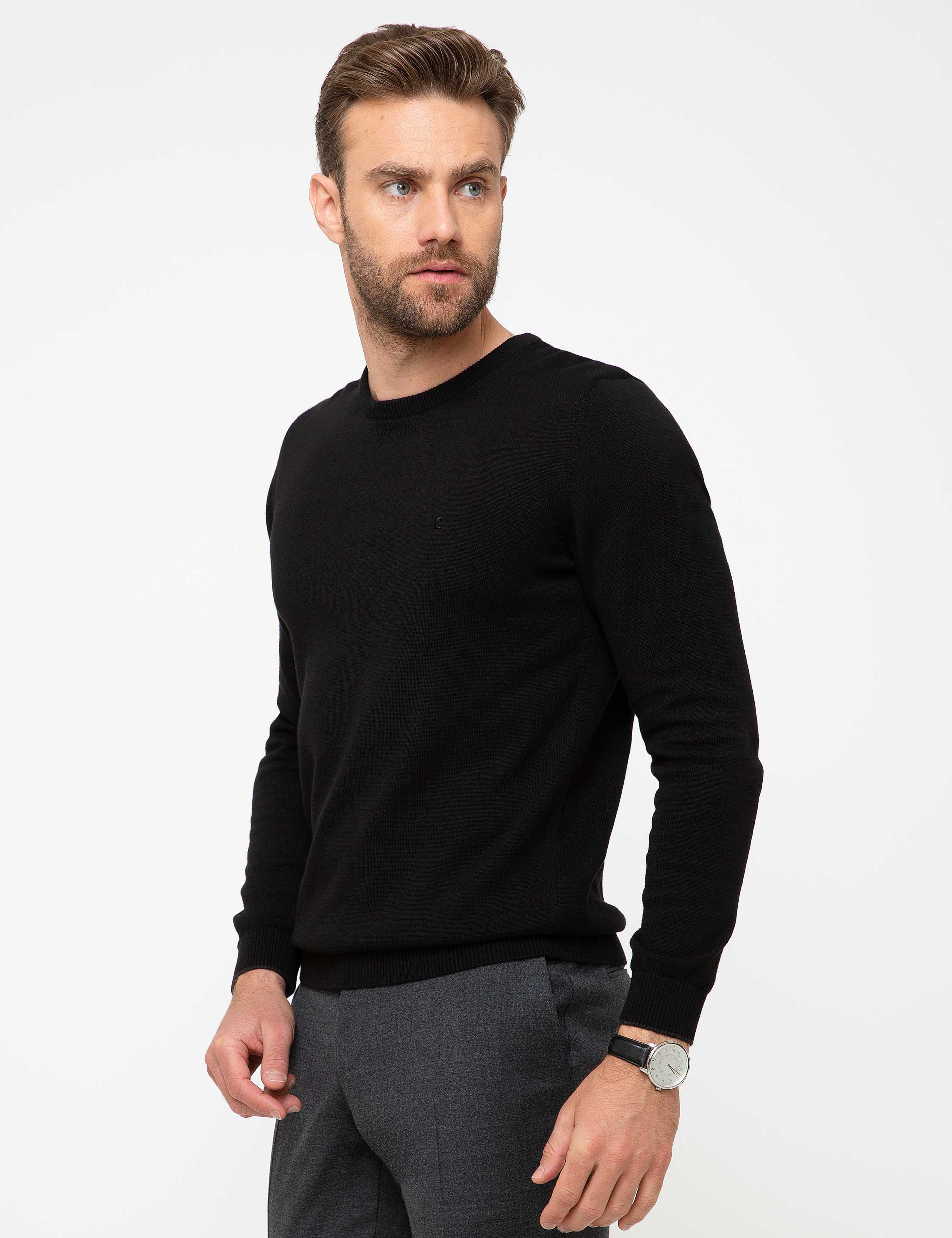 Siyah Slim Fit Bisiklet Yaka Basic Triko Kazak - Image 2