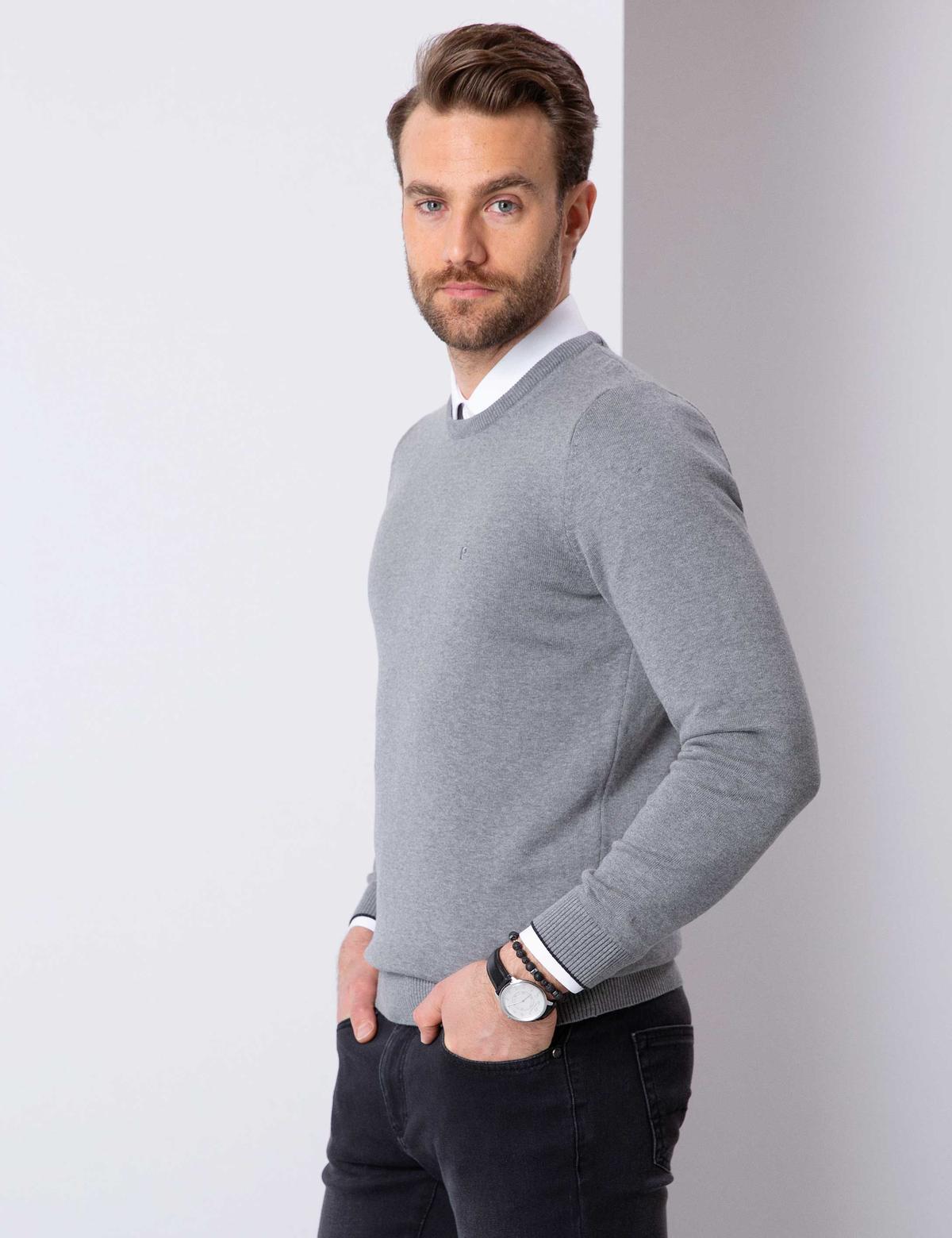 Gri Melanj Slim Fit Basic Kazak - 50207445163