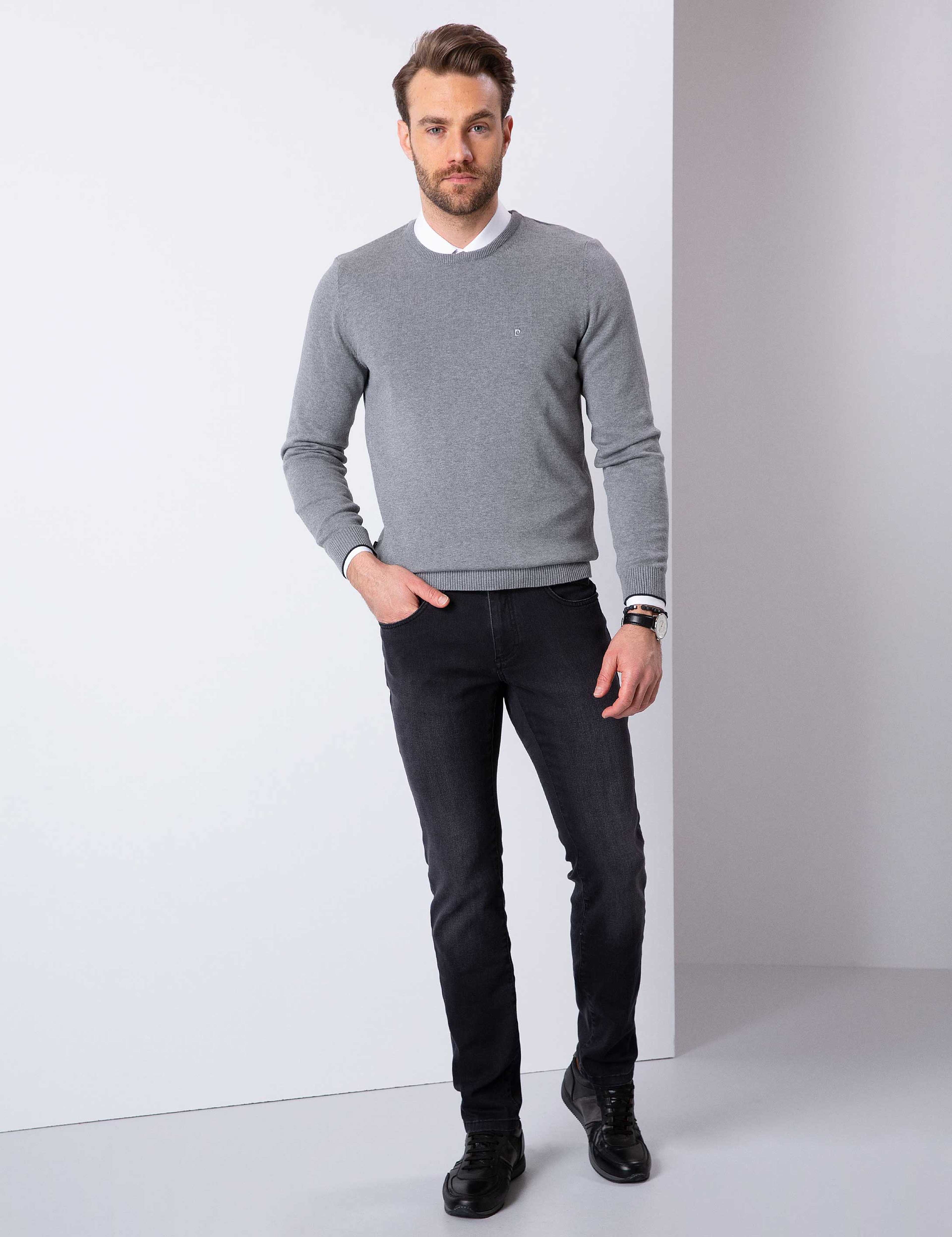 Gri Melanj Slim Fit Basic Kazak - Image 4