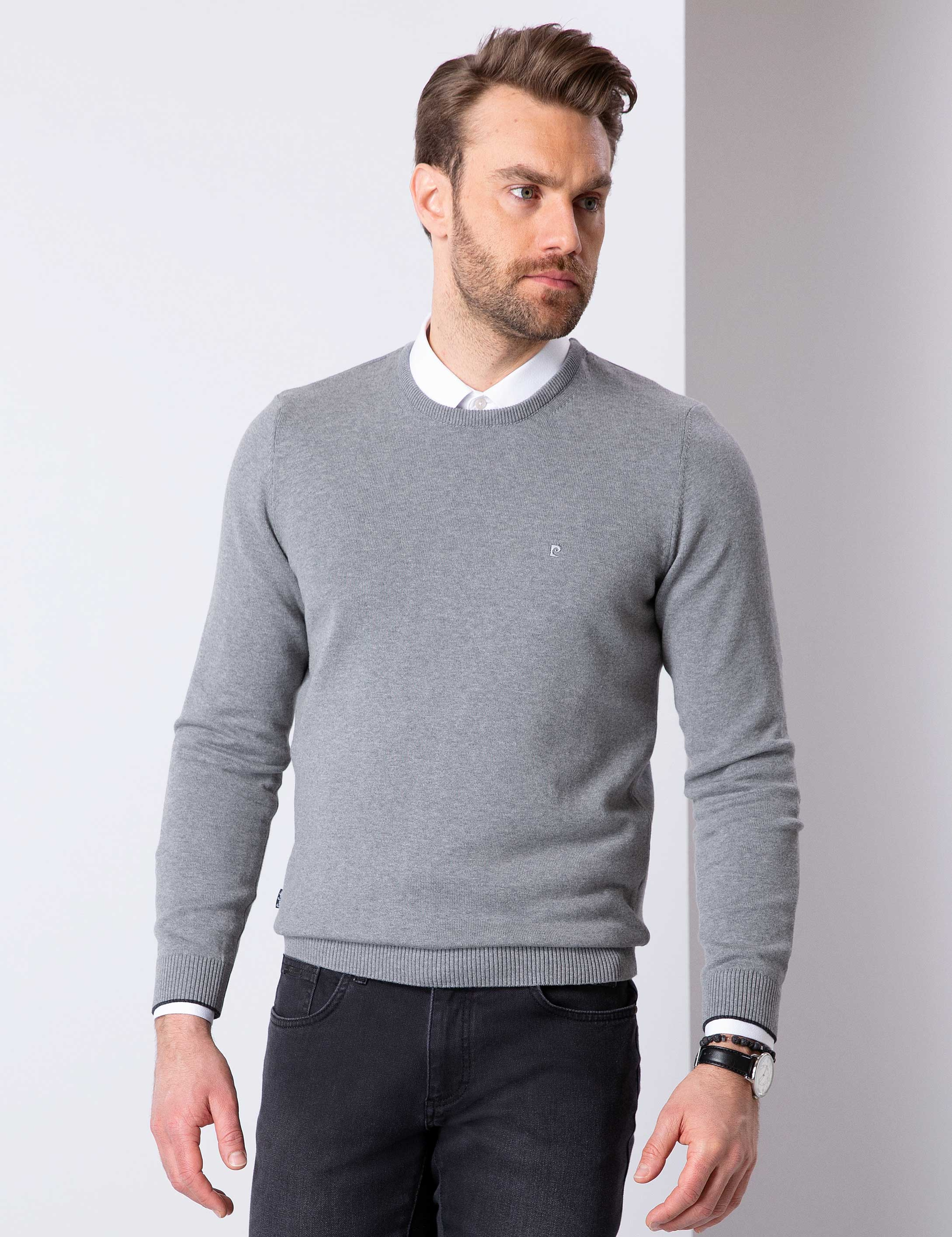 Gri Melanj Slim Fit Basic Kazak - Image 1
