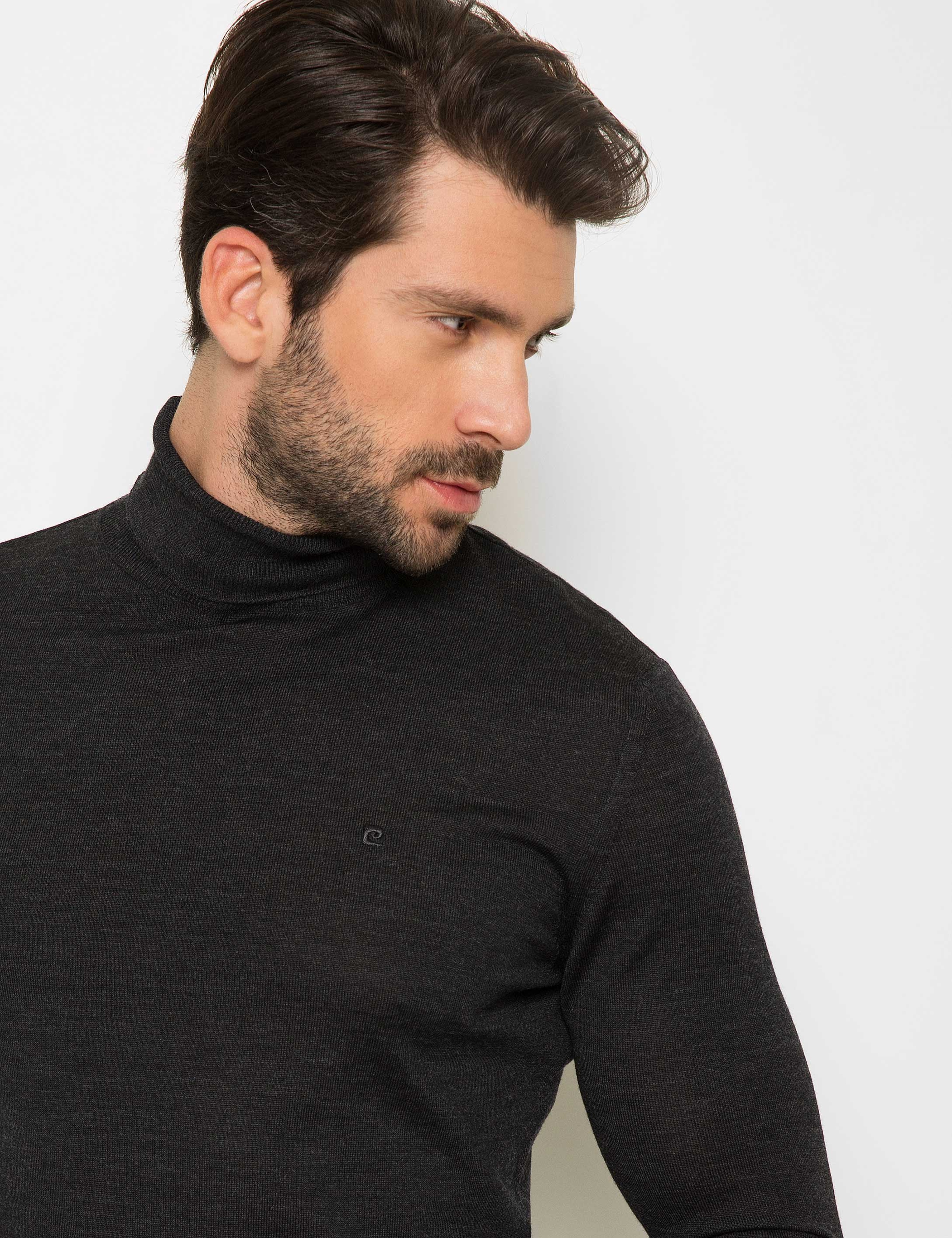 Antrasit Gri Melanj Slim Fit Basic Triko Kazak - Image 1
