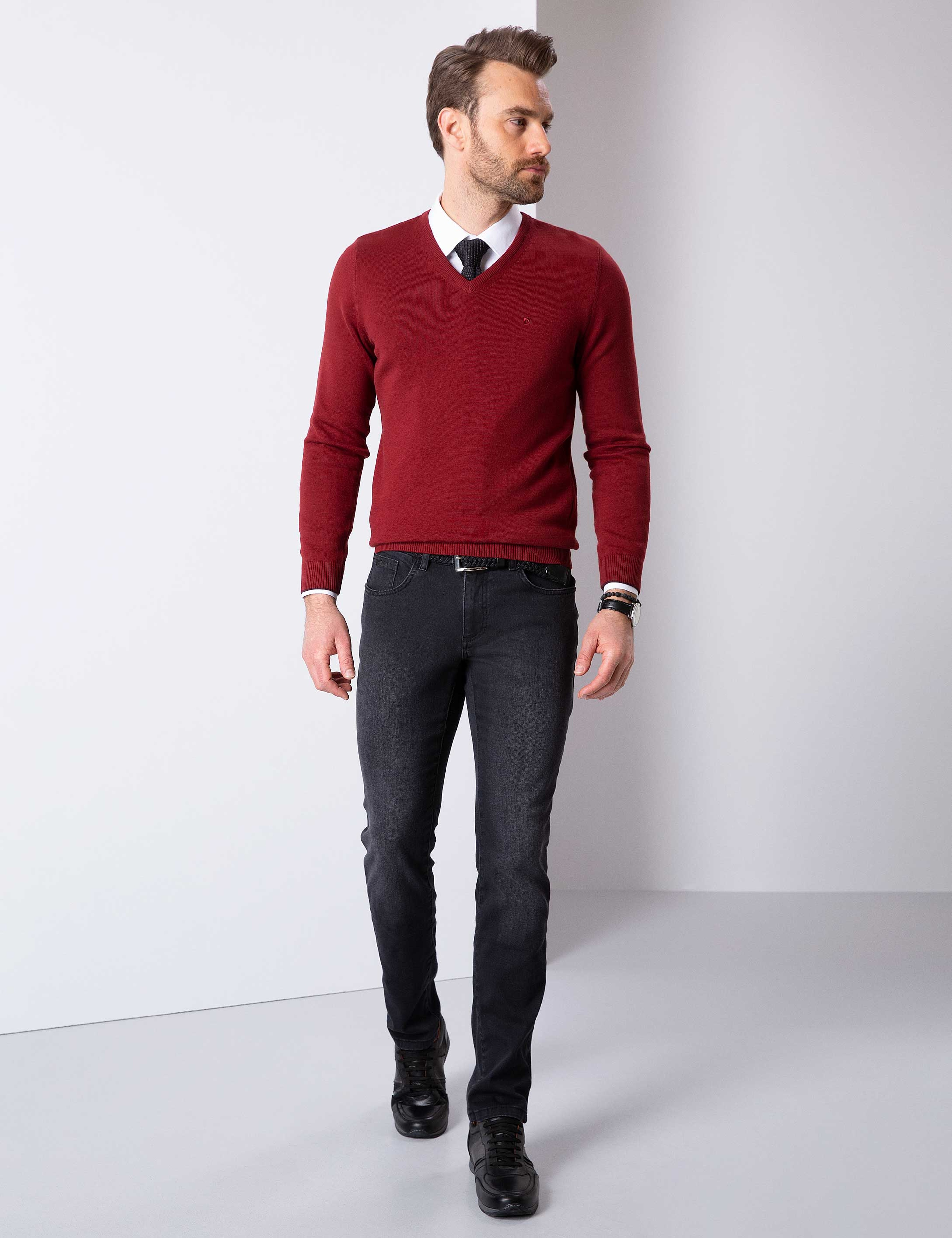 Kırmızı Slim Fit Basic Kazak - Image 3