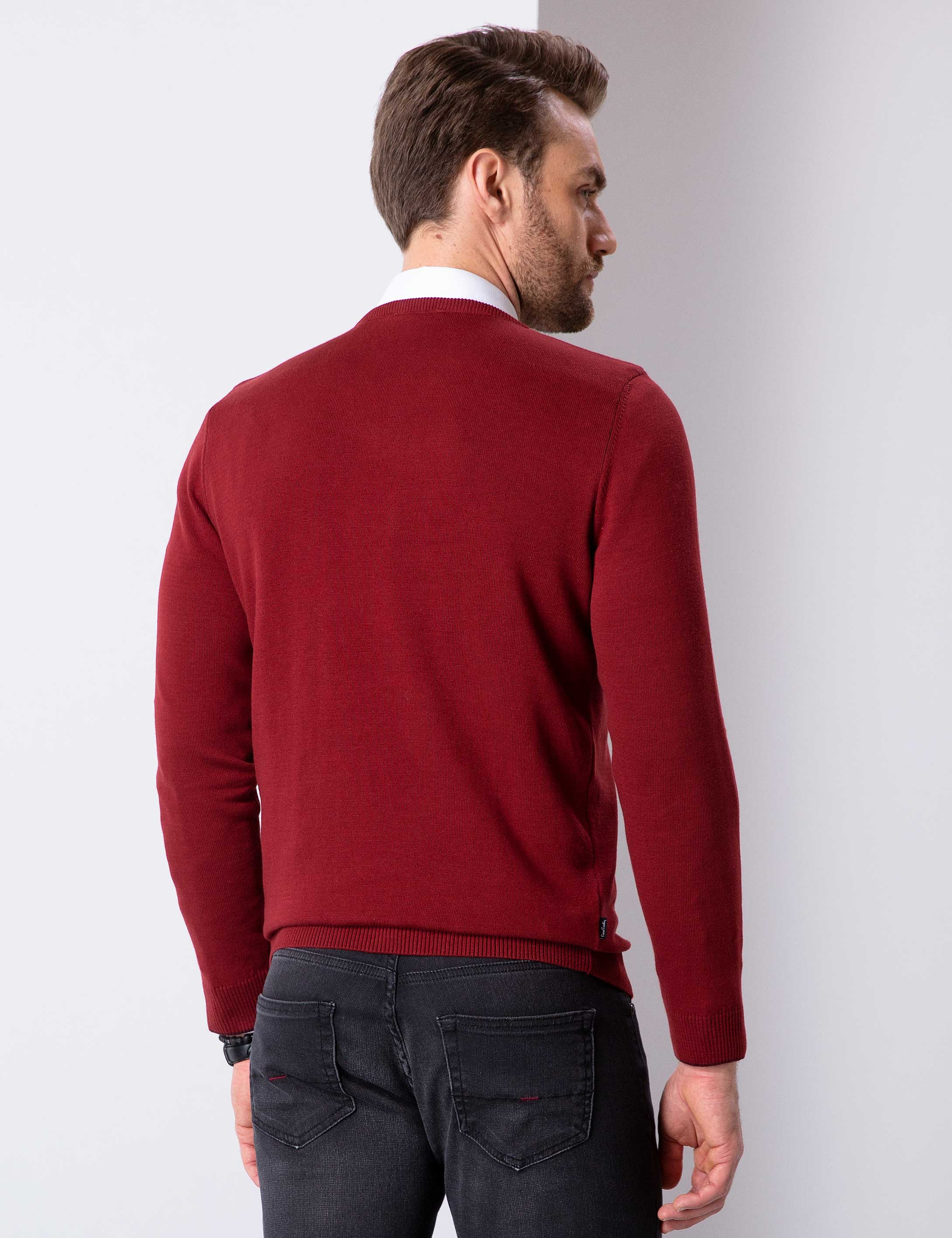 Kırmızı Slim Fit Basic Kazak - Image 4