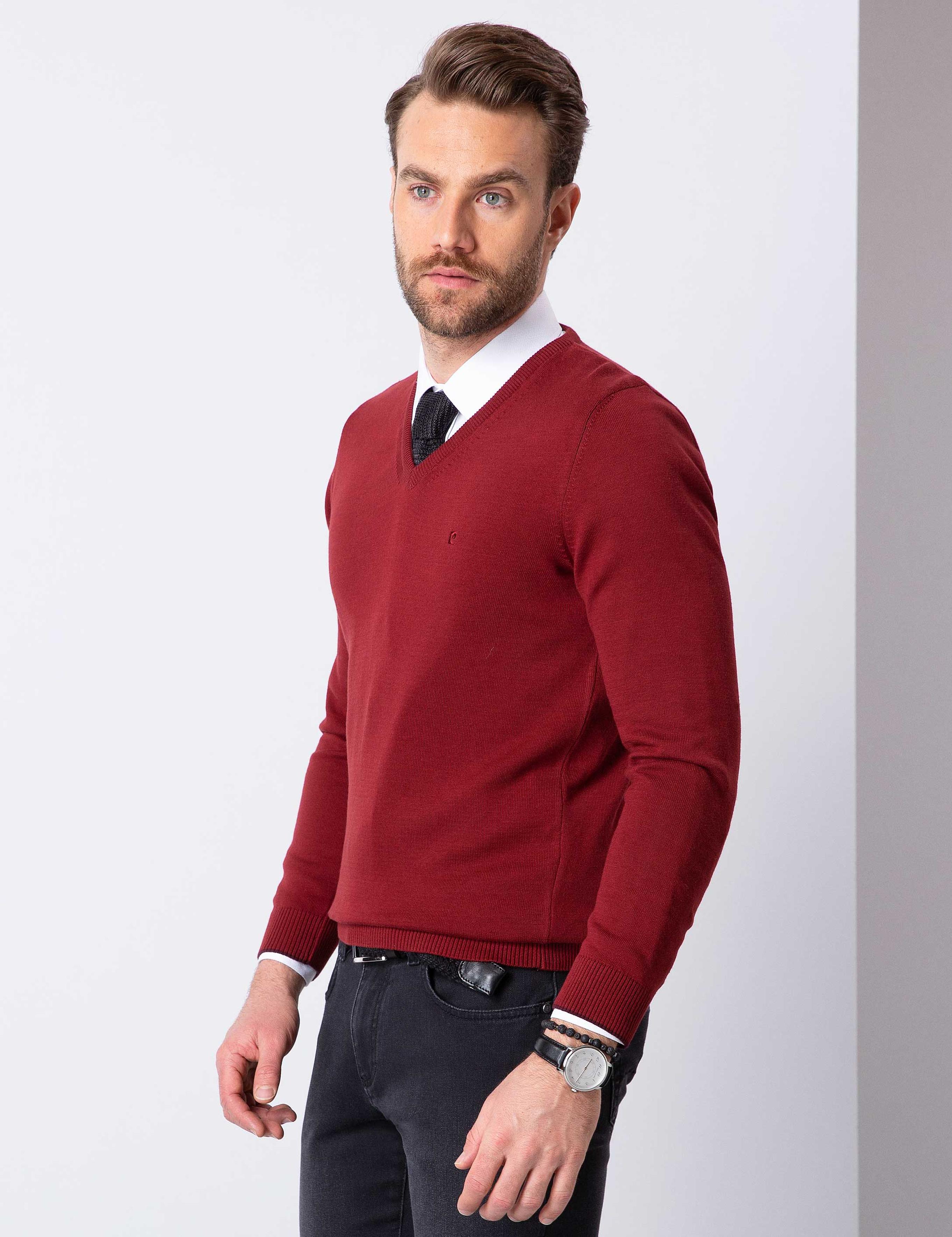 Kırmızı Slim Fit Basic Kazak