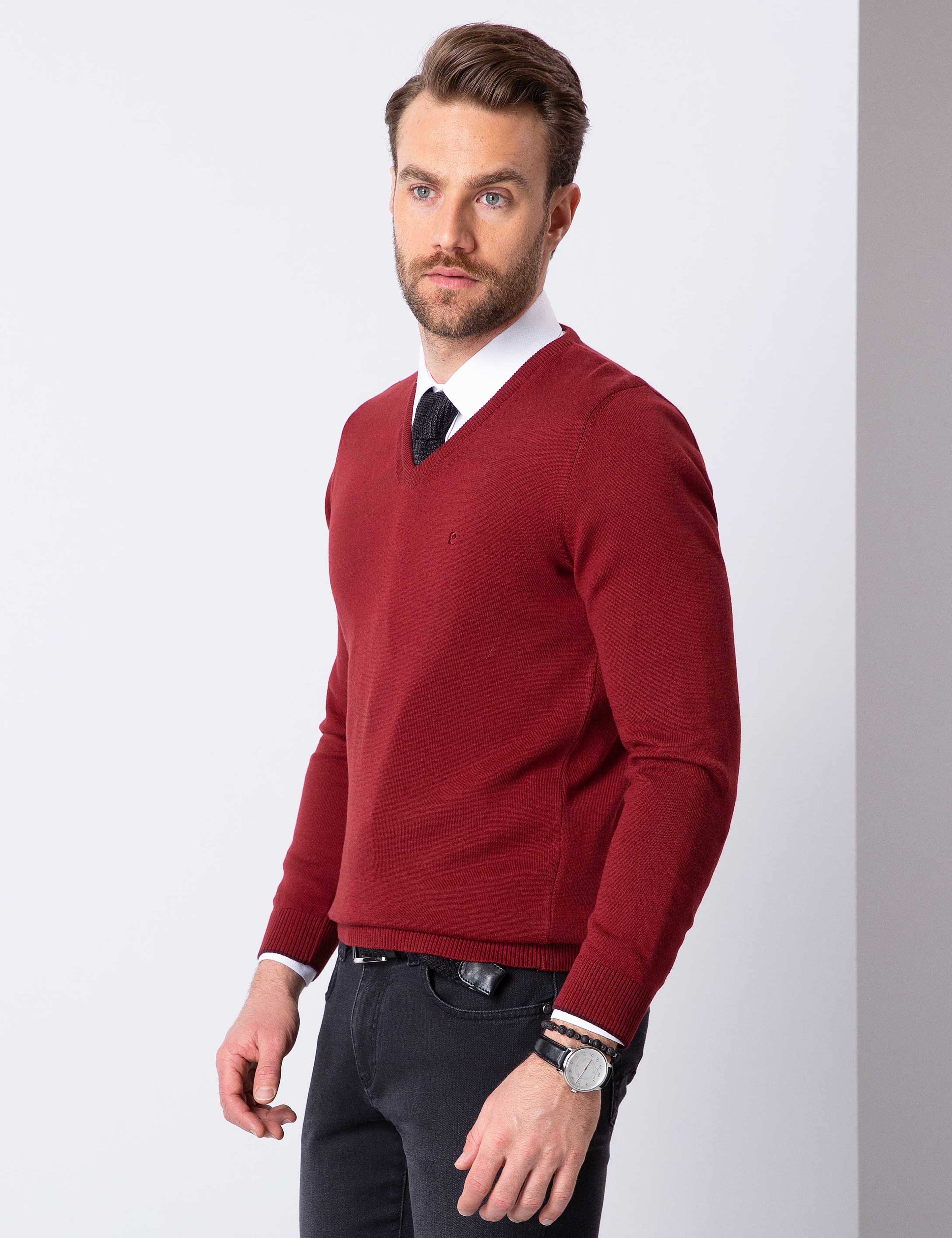 Kırmızı Slim Fit Basic Kazak - Image 2