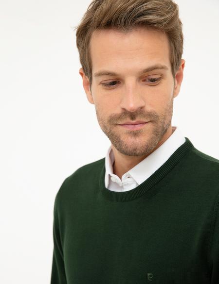 Koyu Yeşil Slim Fit Bisiklet Yaka Basic Triko Kazak - 50207445159