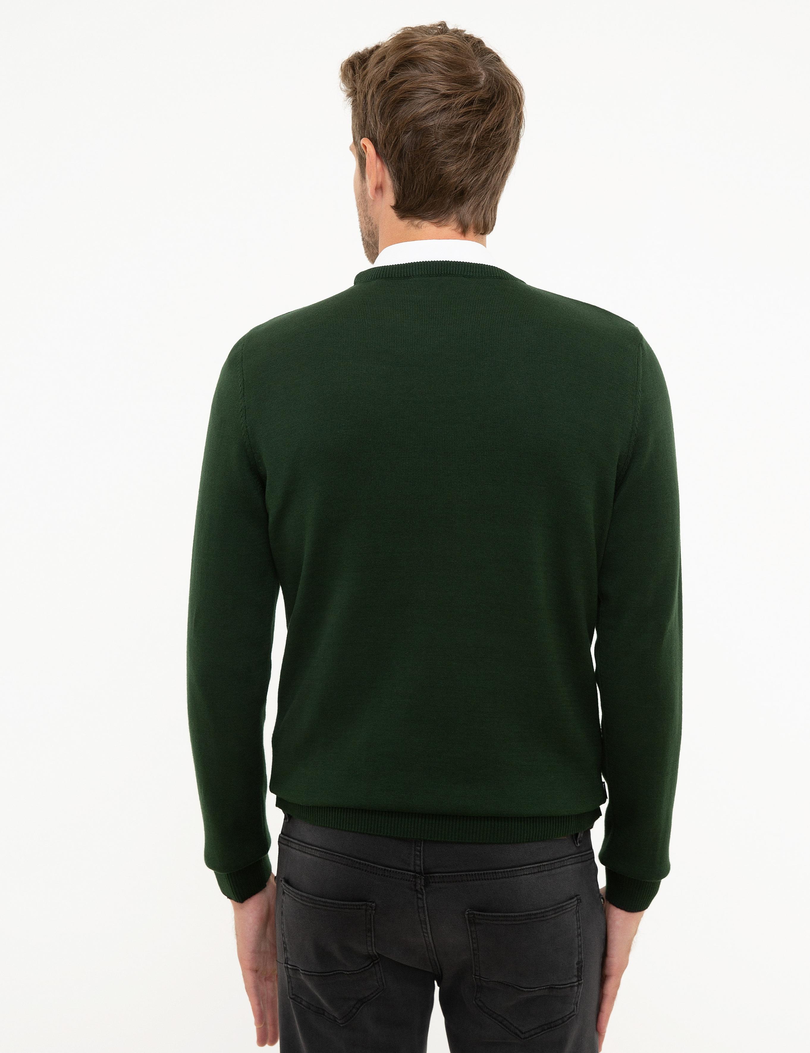 Koyu Yeşil Slim Fit Bisiklet Yaka Basic Triko Kazak