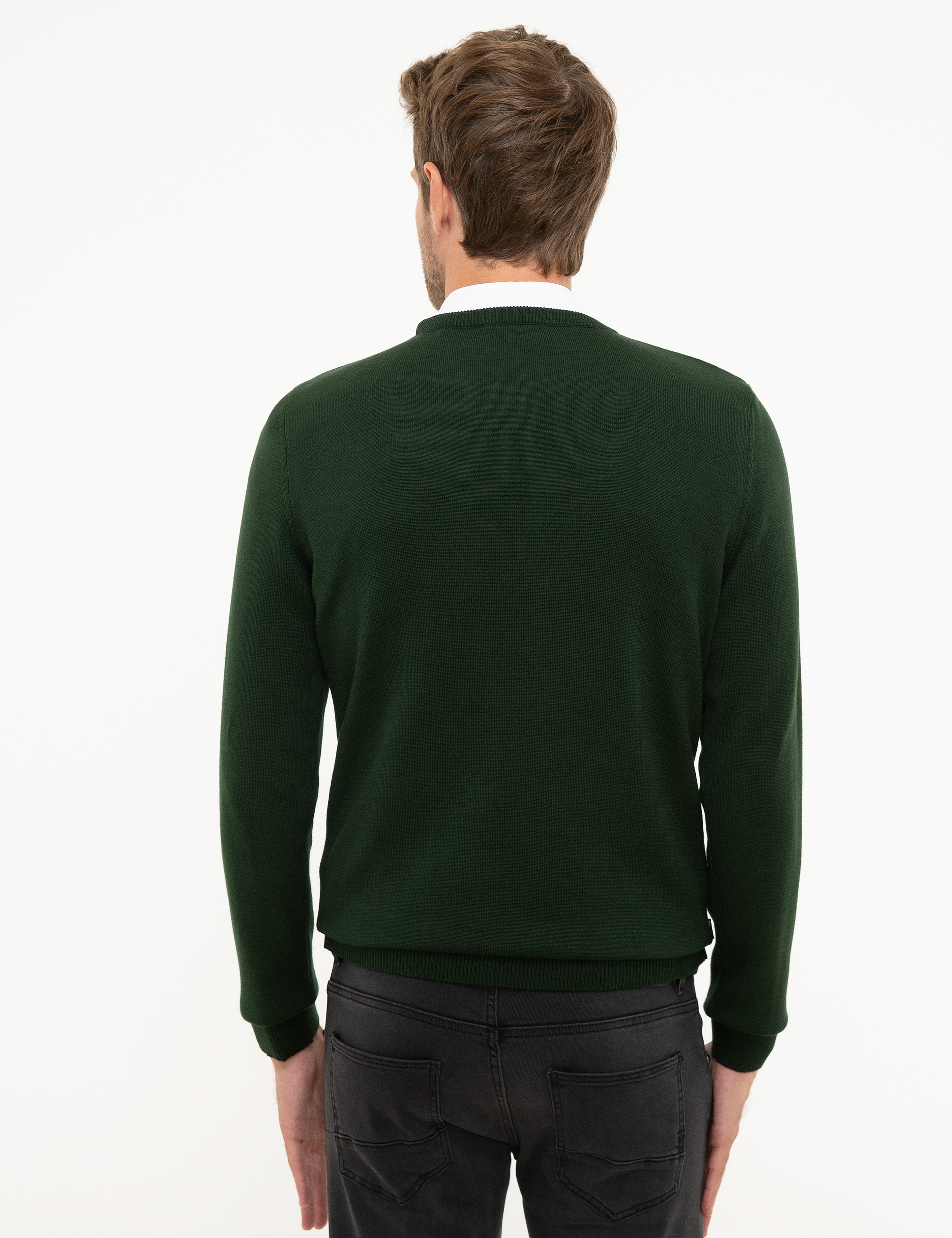 Koyu Yeşil Slim Fit Bisiklet Yaka Basic Triko Kazak - Image 4
