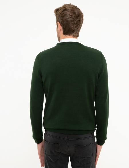 Koyu Yeşil Slim Fit Bisiklet Yaka Basic Triko Kazak - 50207445159