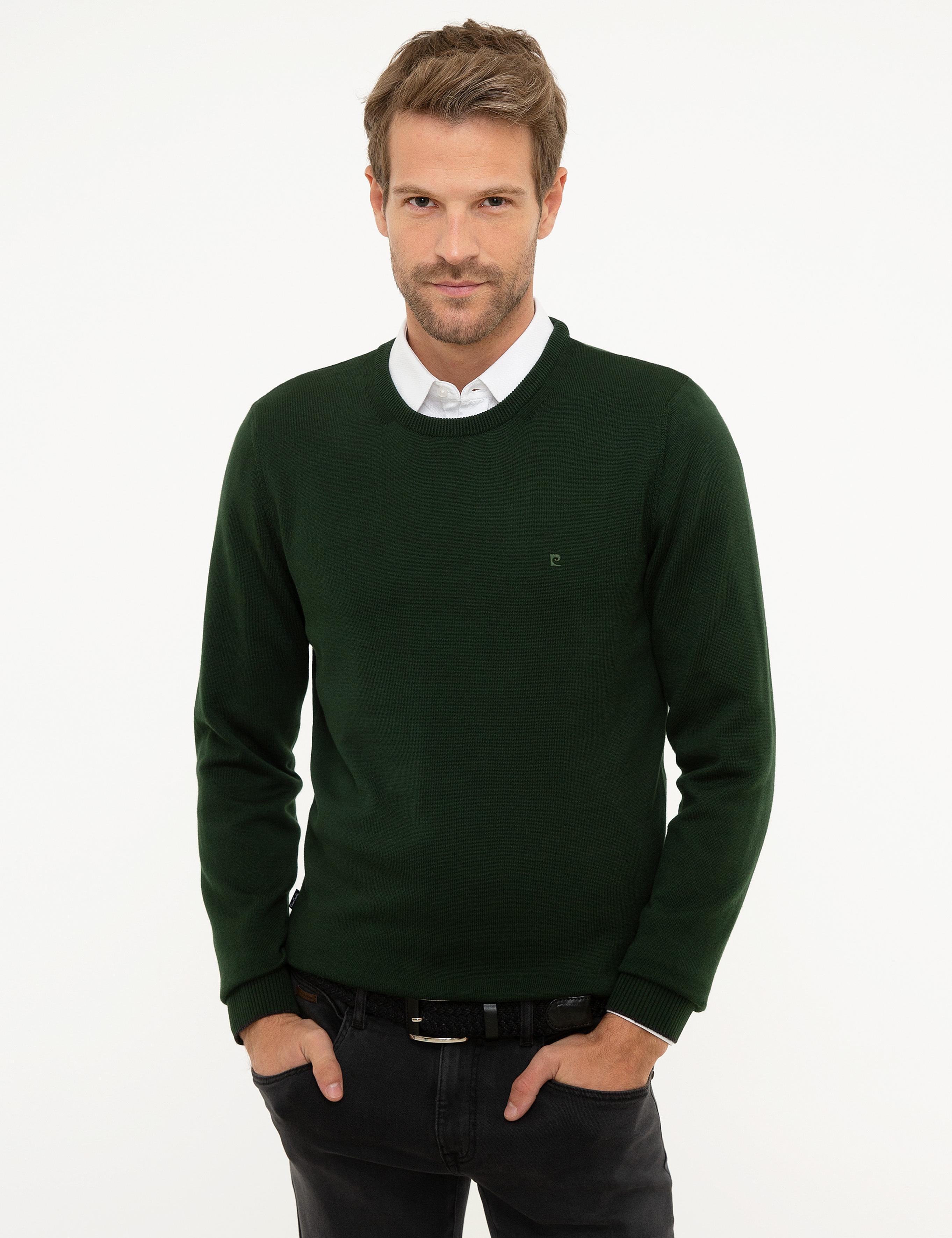 Koyu Yeşil Slim Fit Bisiklet Yaka Basic Triko Kazak