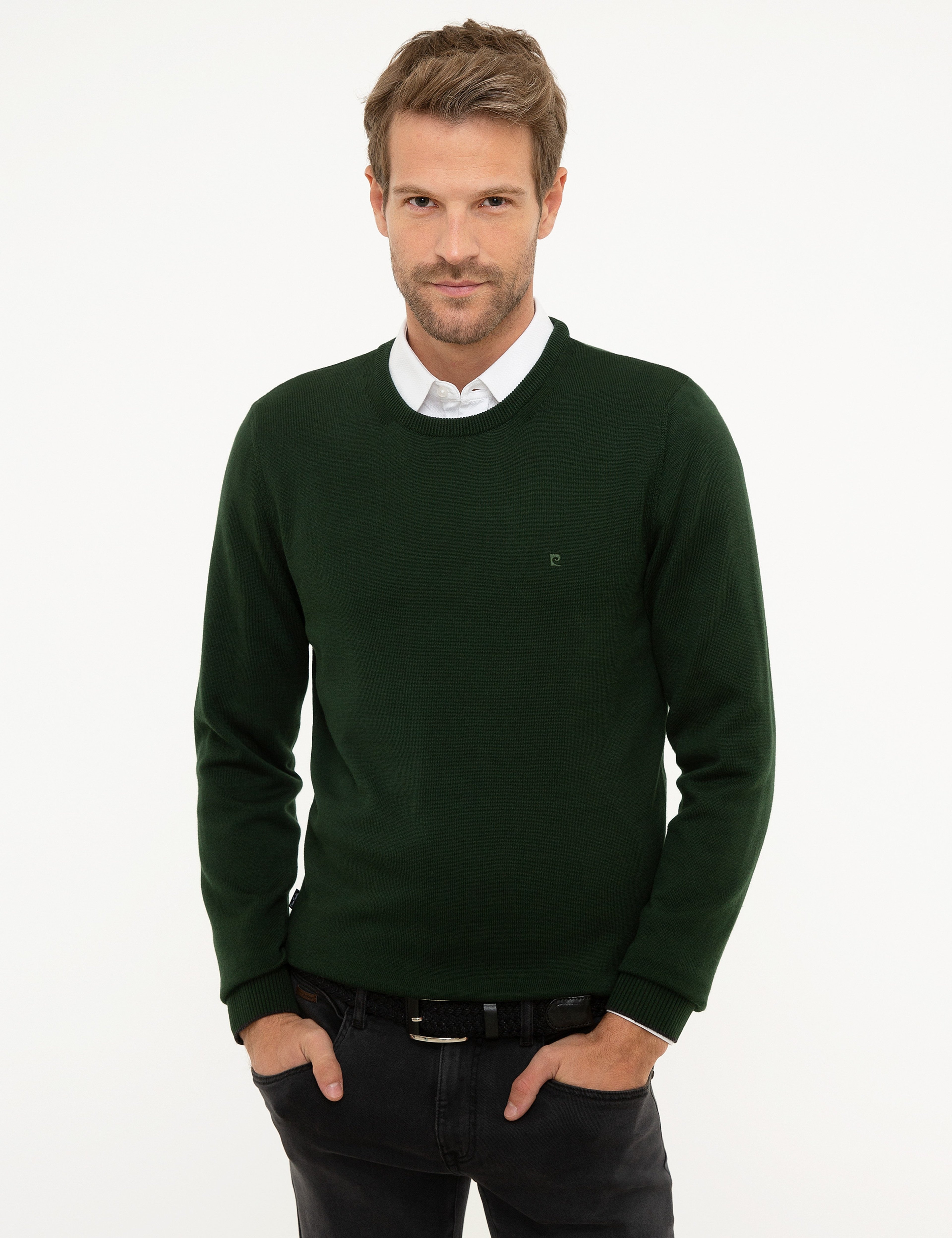 Koyu Yeşil Slim Fit Bisiklet Yaka Basic Triko Kazak - Image 2