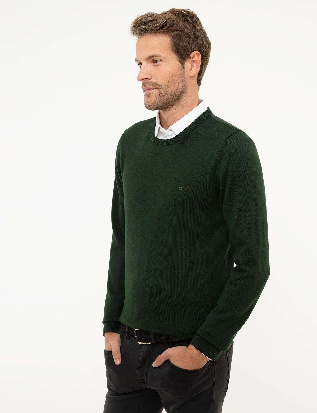 Koyu Yeşil Slim Fit Bisiklet Yaka Basic Triko Kazak - 50207445159