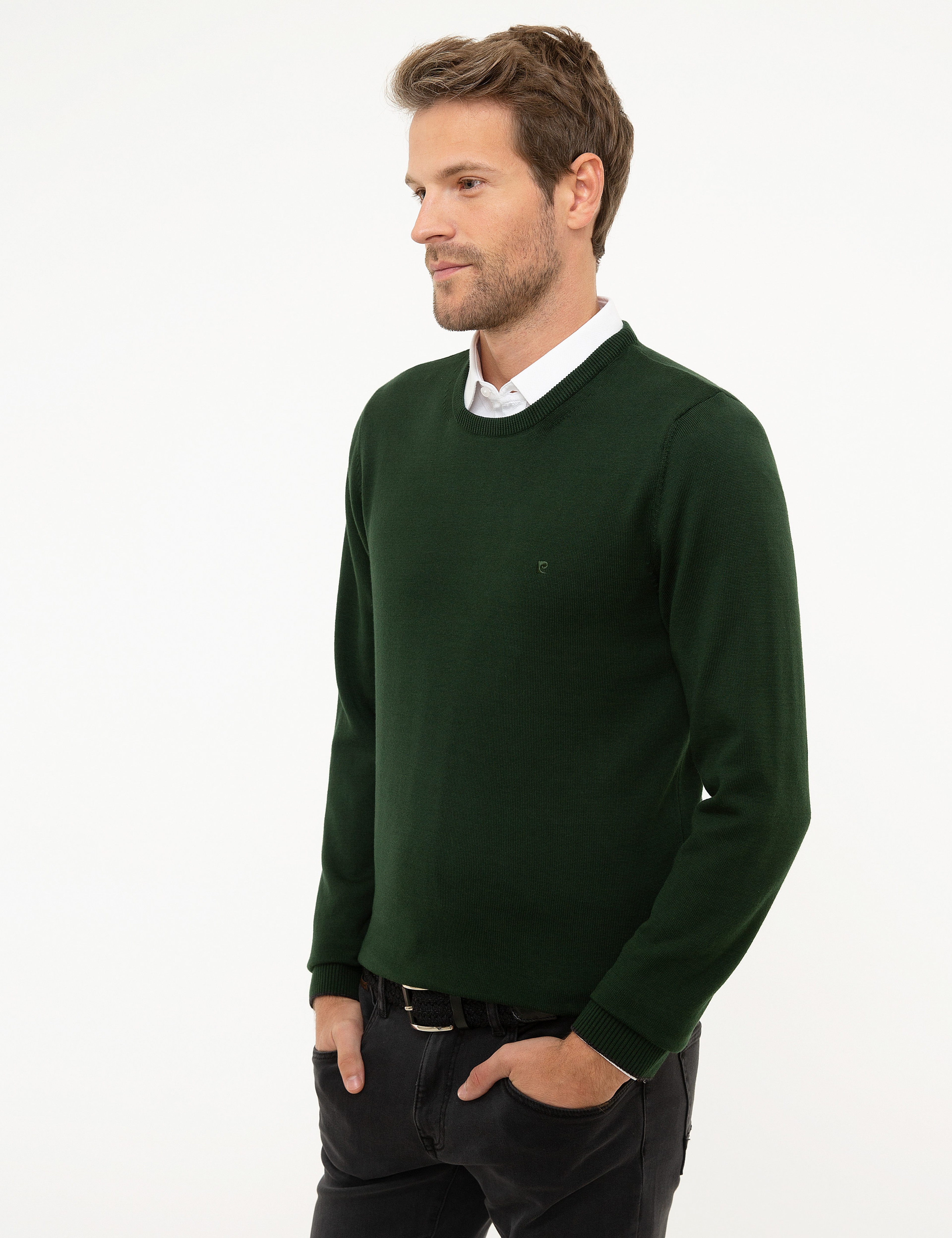 Koyu Yeşil Slim Fit Bisiklet Yaka Basic Triko Kazak - Image 3
